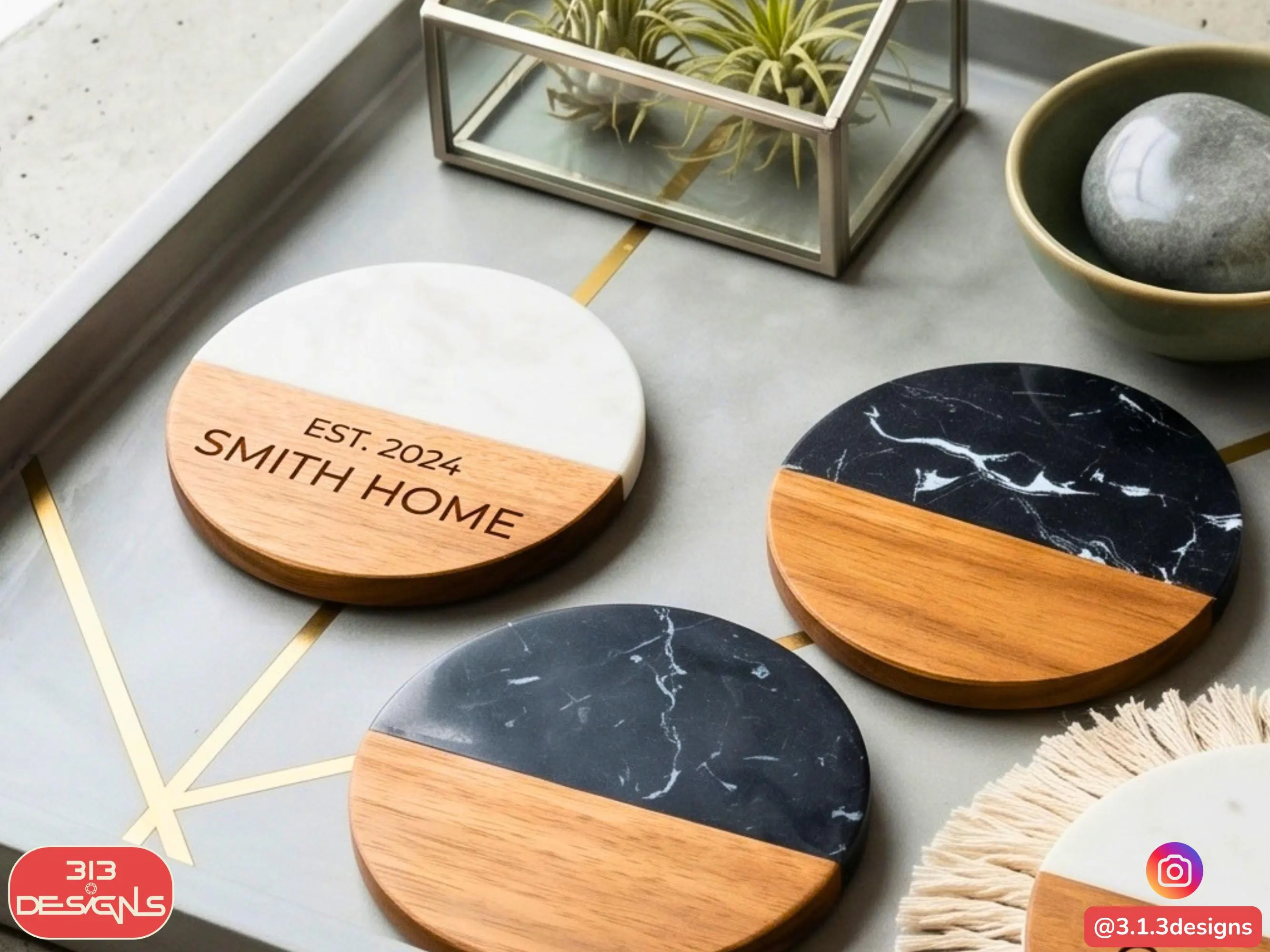 Personalized Marble & Wood Coasters - Unique Custom Hostess Party Gift - image 3