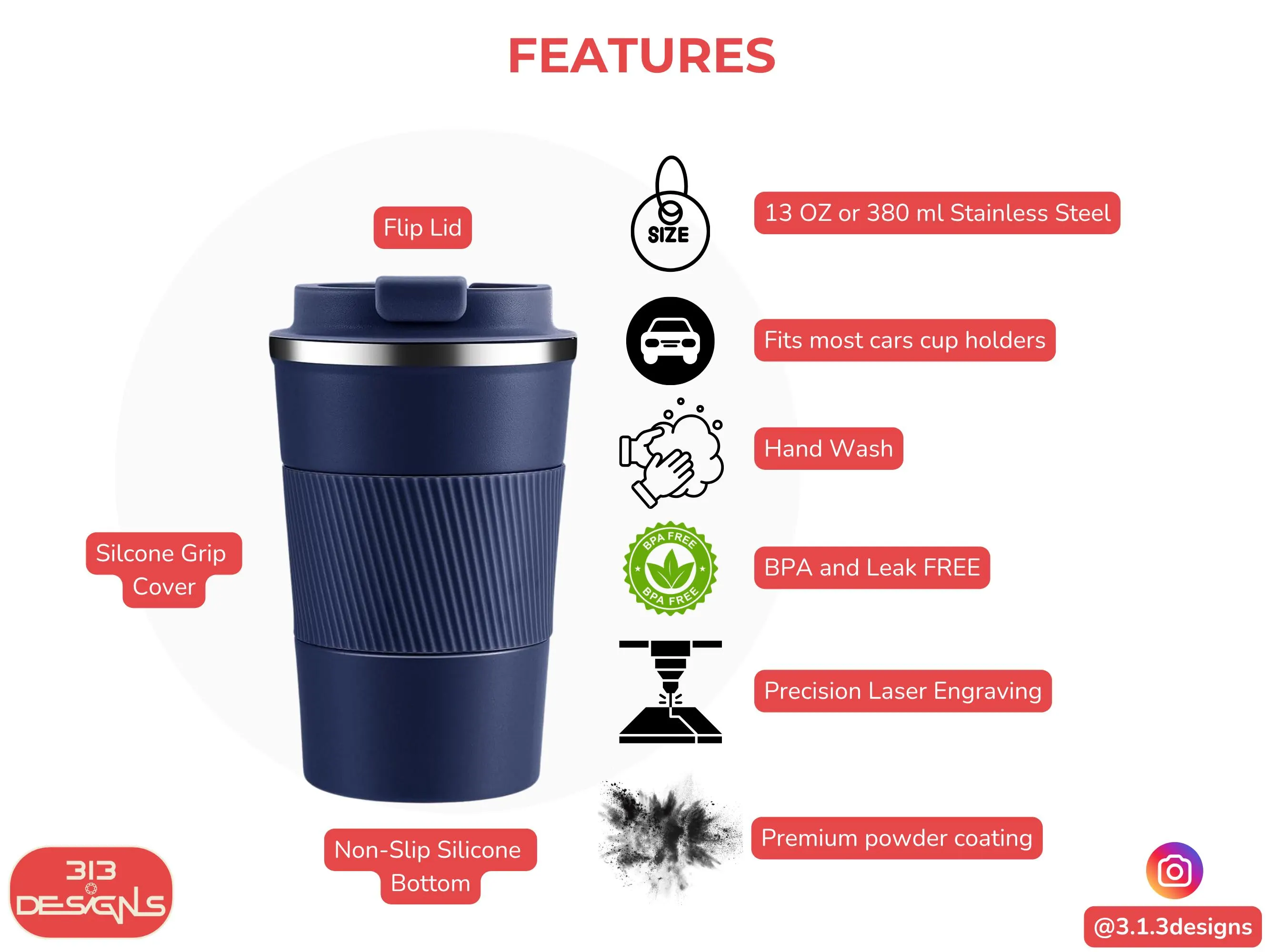May include: A navy blue stainless steel travel mug with a flip lid and silicone grip. The mug holds 380 ml and features a non-slip silicone bottom. It is BPA and leak-free, designed to fit most car cup holders.