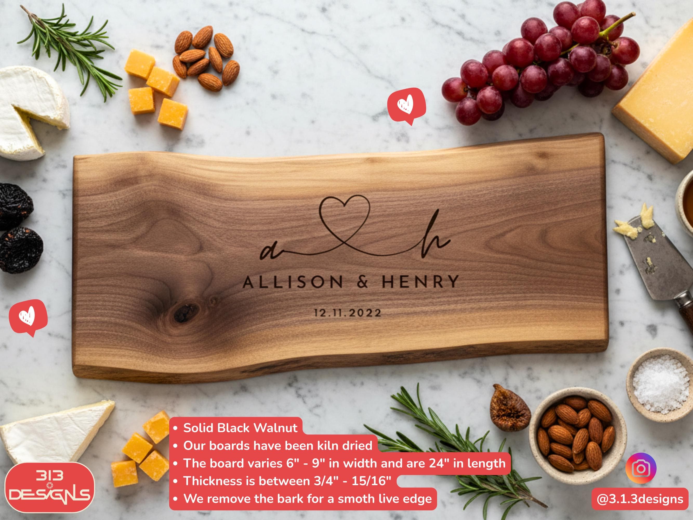 Corporate Gifts for Clients Live Edge Walnut Charcuterie Board: Handcrafted Cheese Platter, Engraved Serving Board - image 2