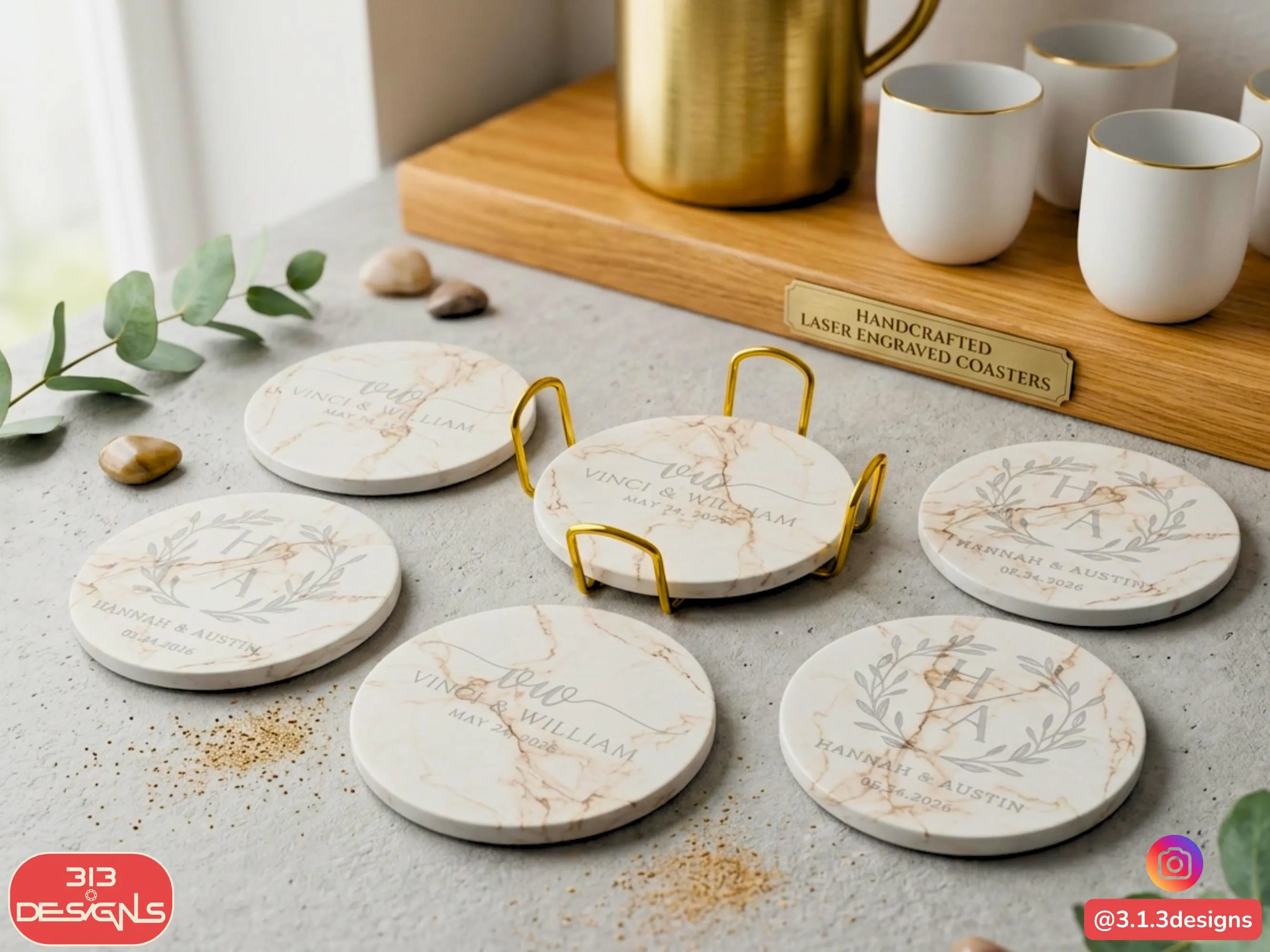 Ceramic Coasters Personalized Laser Engraved - Unique Custom Hostess Party Gift Set of 6 with stand Bridesmaid Gifts