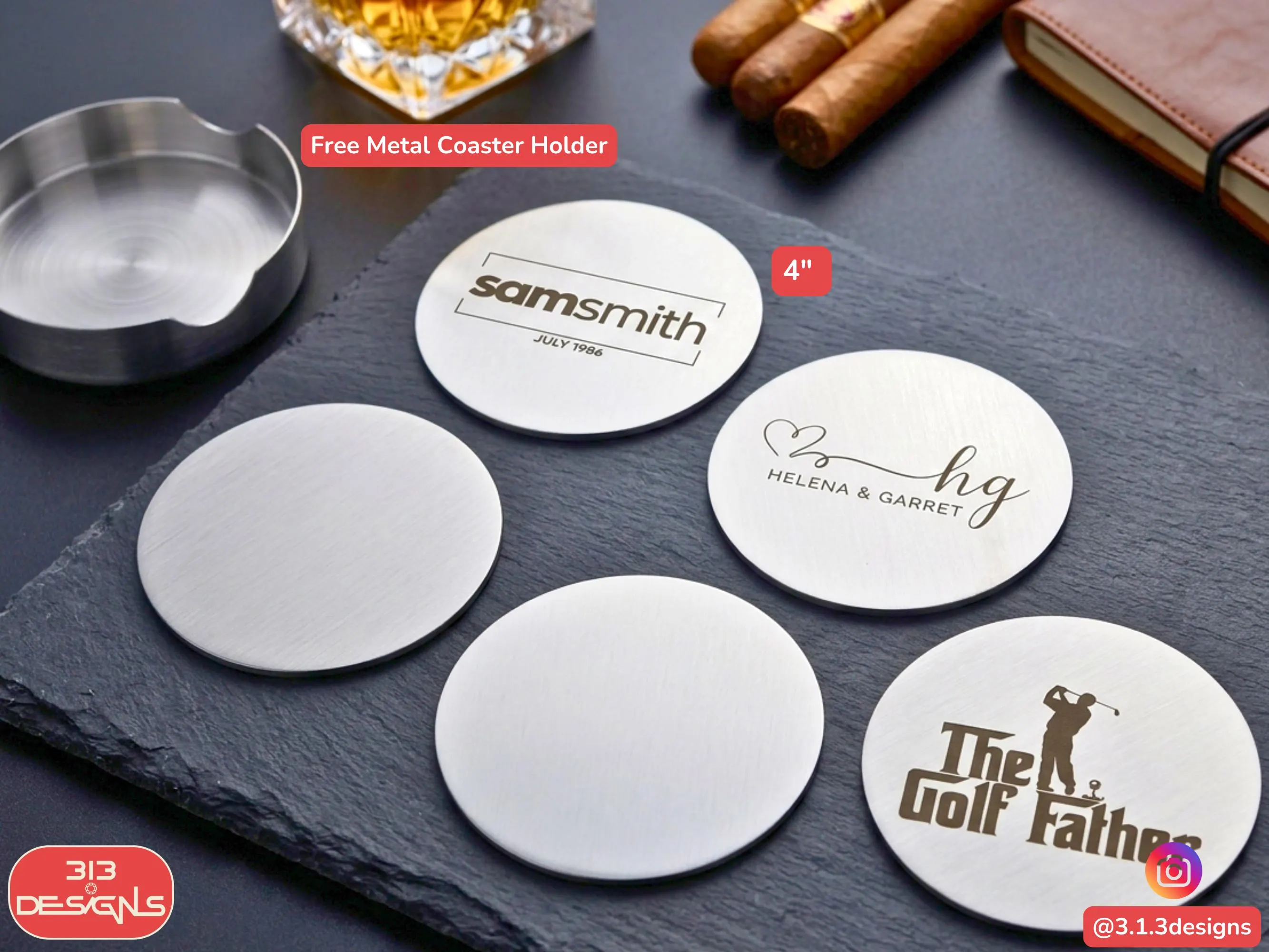 Personalized Steel Coaster With Metal Storage Holder Groomsmen Present Fathers Day Gift - image 3
