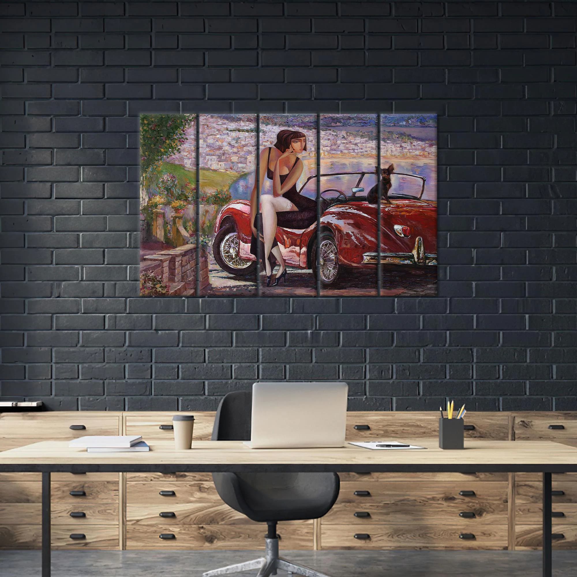 Woman Canvas Art, Girl Art Decor, Red Car Canvas, Car Lover Gift, Girl Room Decor, Girl with Cat Art, Cat Lover Gift, Girl And Cat, - image 3