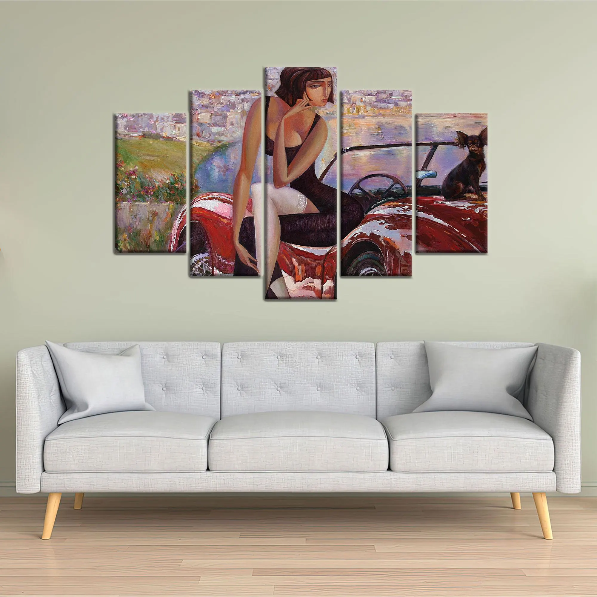 Woman Canvas Art, Girl Art Decor, Red Car Canvas, Car Lover Gift, Girl Room Decor, Girl with Cat Art, Cat Lover Gift, Girl And Cat, - image 4