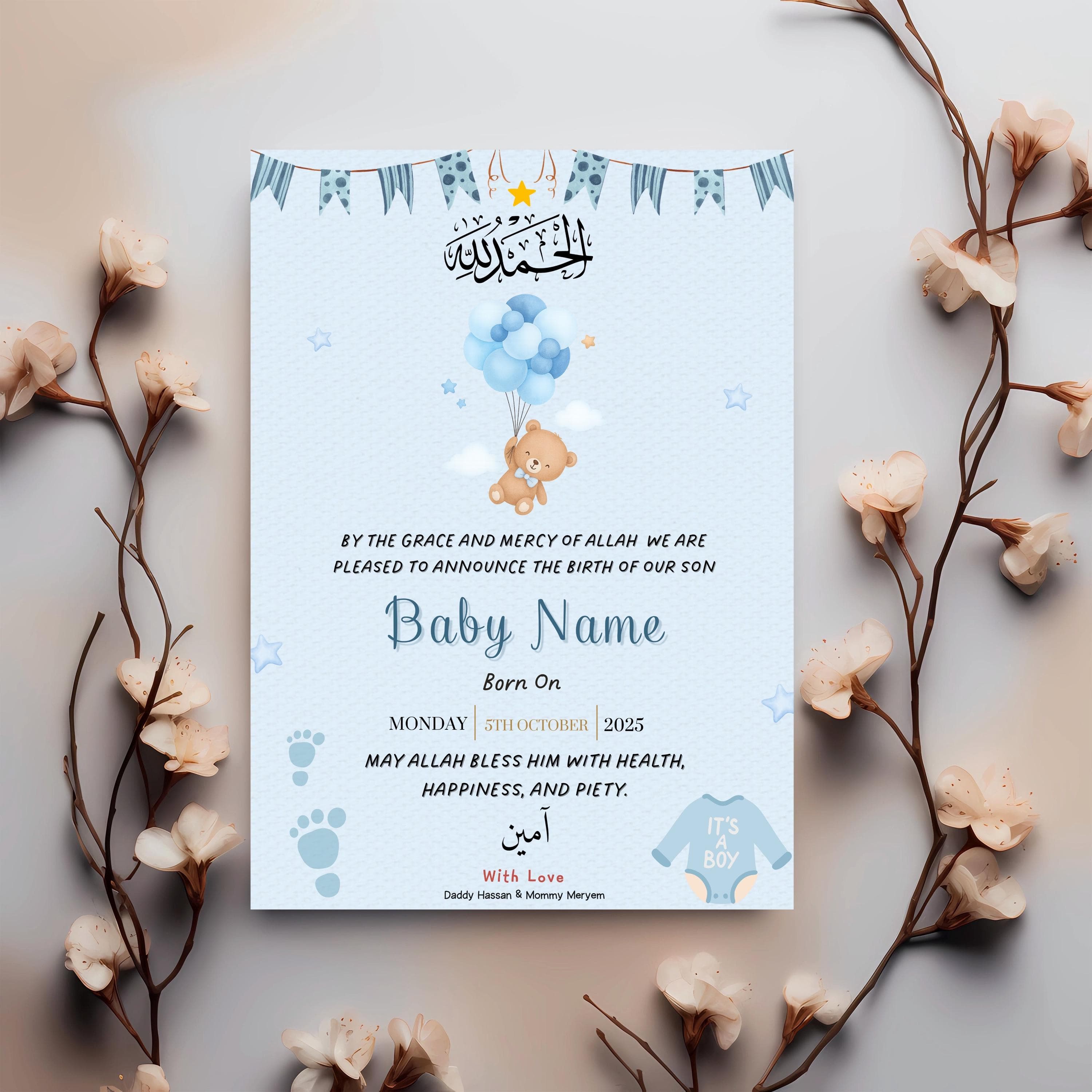 Muslim Birth Card Baby Boy, islamic Newborn, editable on Canva, Instant Dowload - image 3