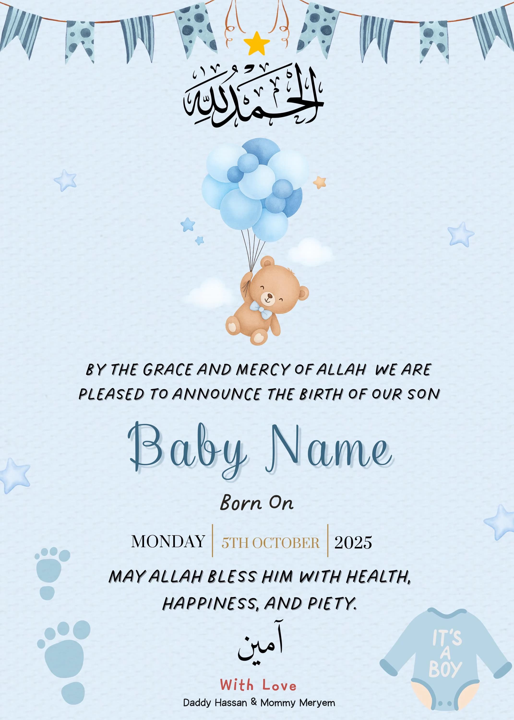 Muslim Birth Card Baby Boy, islamic Newborn, editable on Canva, Instant Dowload - image 4