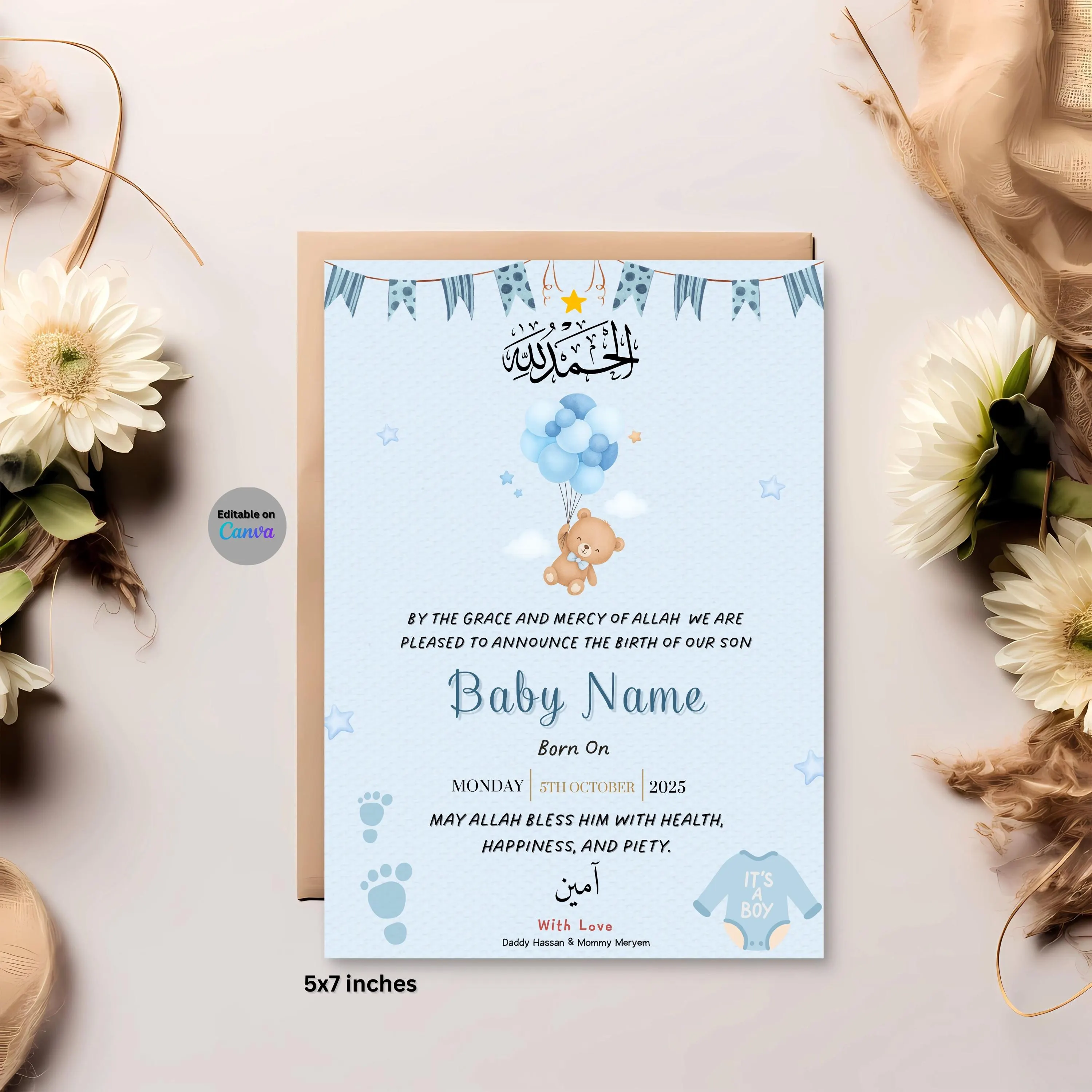 Muslim Birth Card Baby Boy, islamic Newborn, editable on Canva, Instant Dowload - image 5