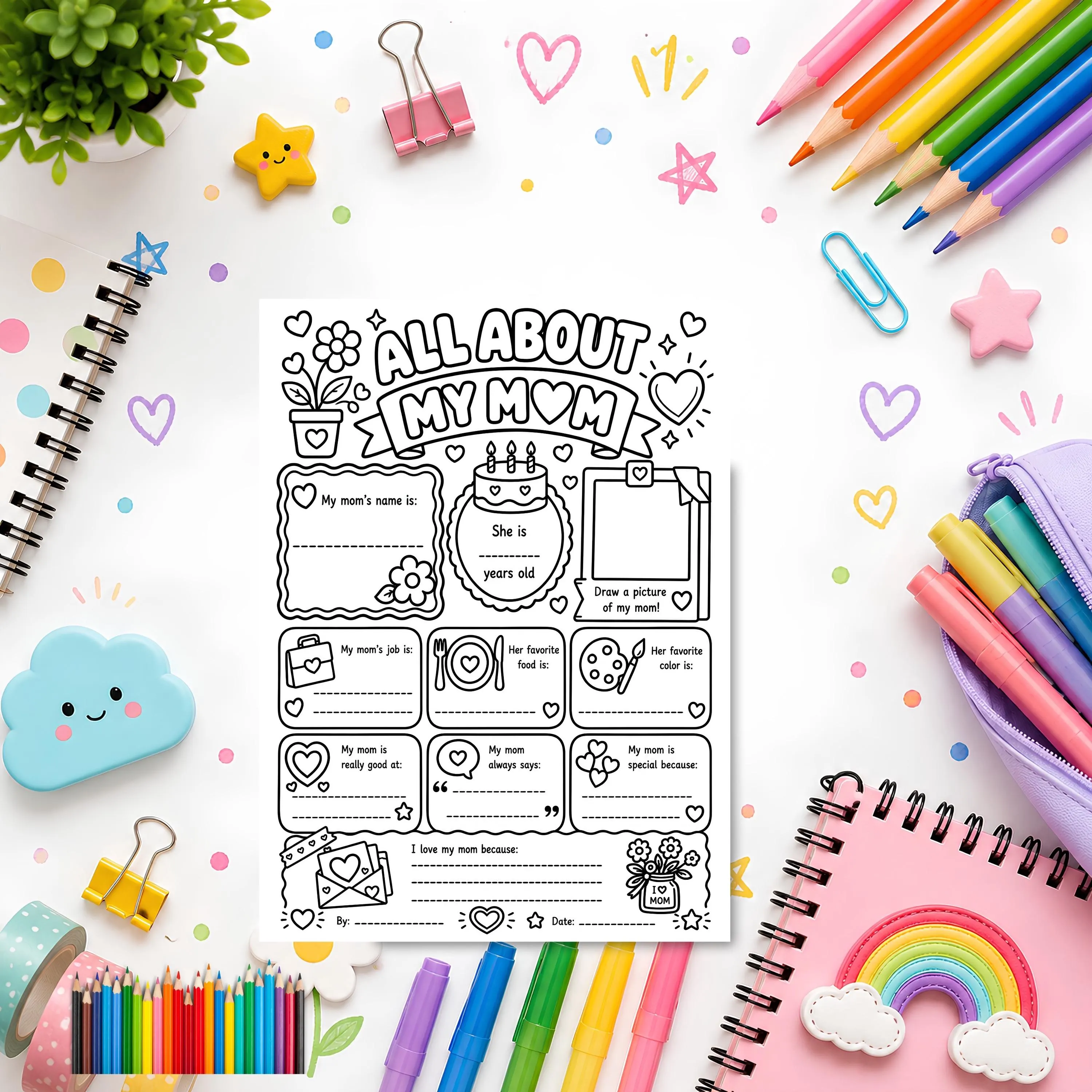 Kids coloring page All About My Mom worksheet with cute doodles crayons and fun activity layout