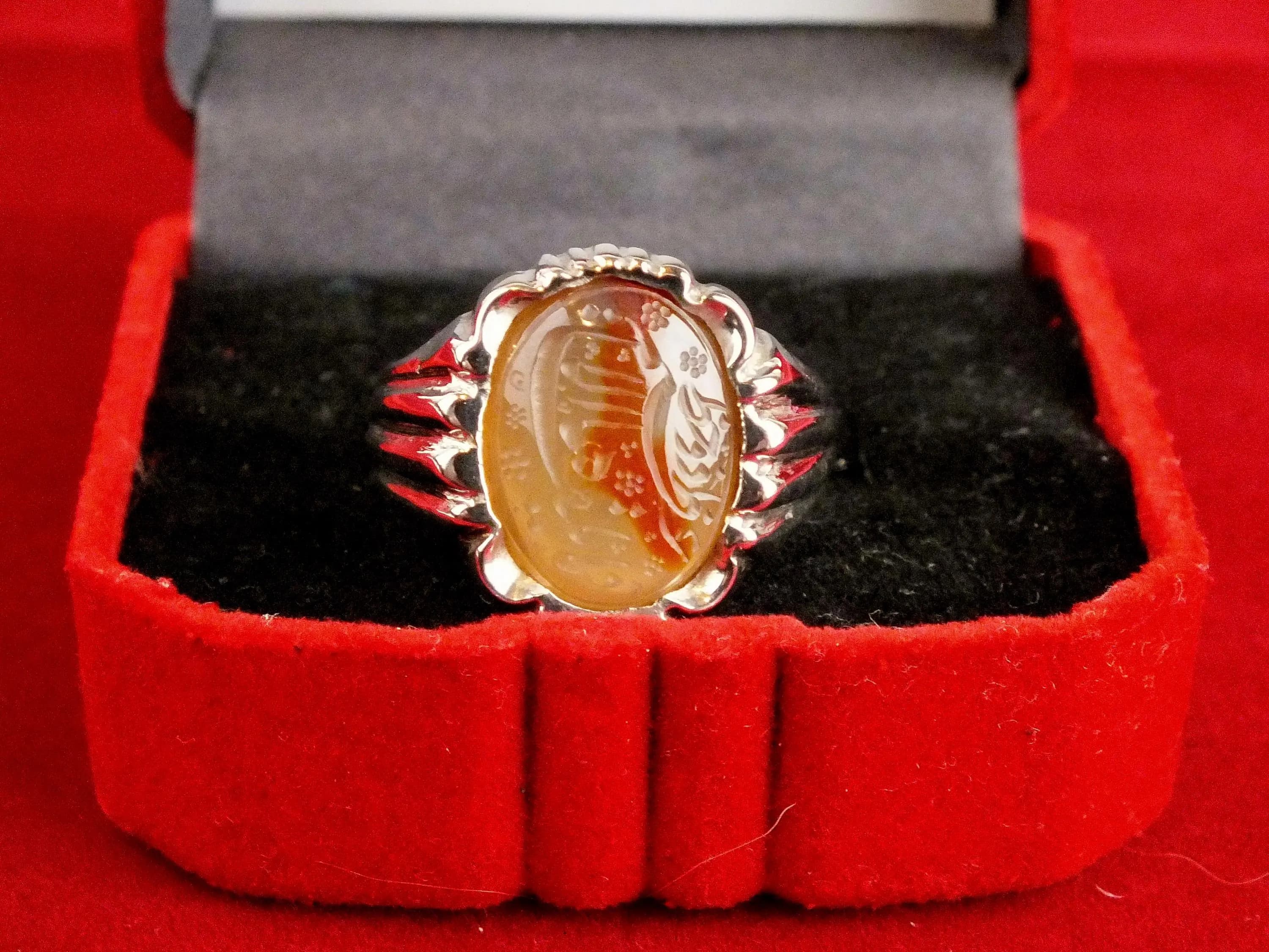 Vintage Sterling Silver yellow Yemeni Agate Ring, Engraved Arabic Calligraphy, Ottoman Style - image 3