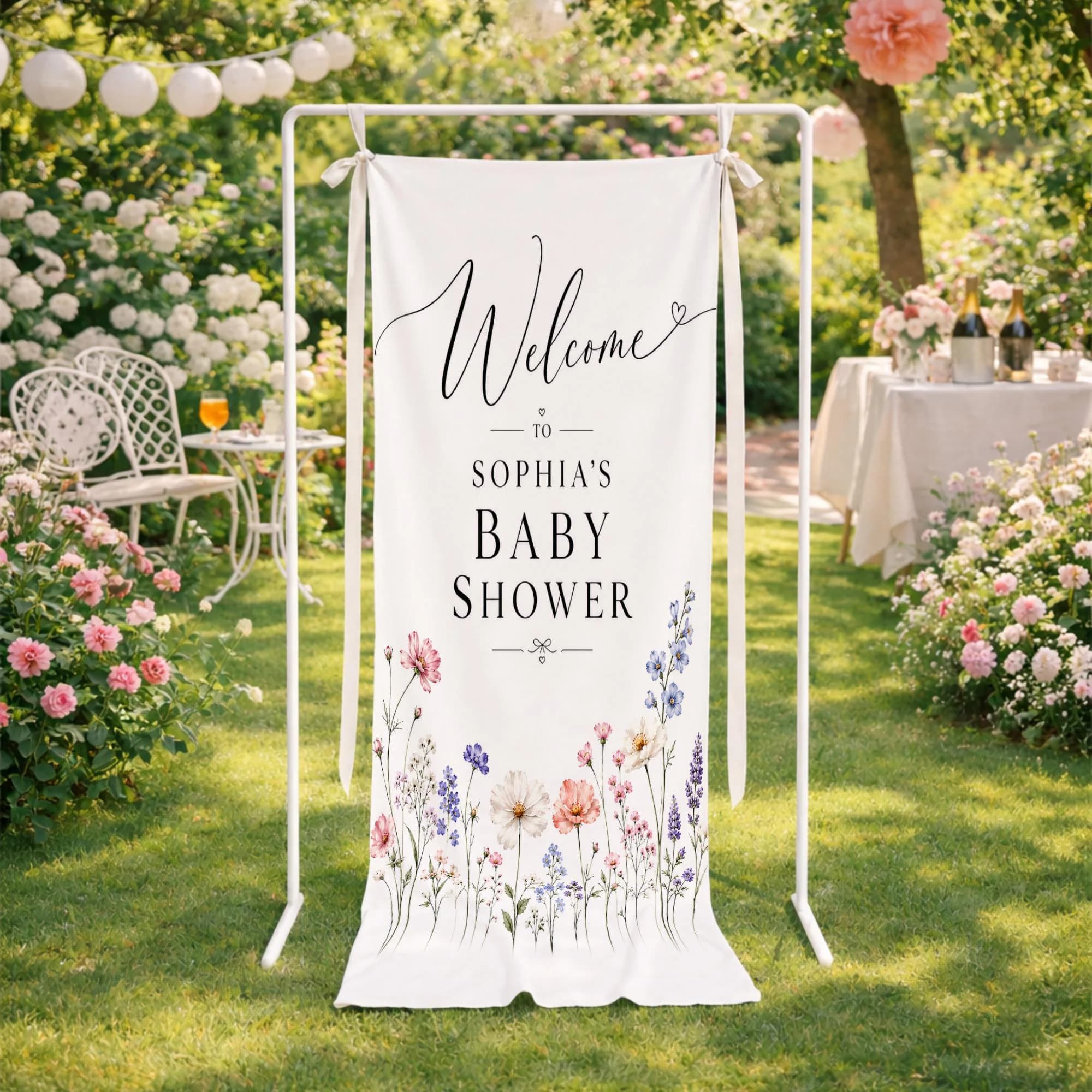 Floral Baby Shower Welcome Banner, Garden Party Sign, Personalized Backdrop