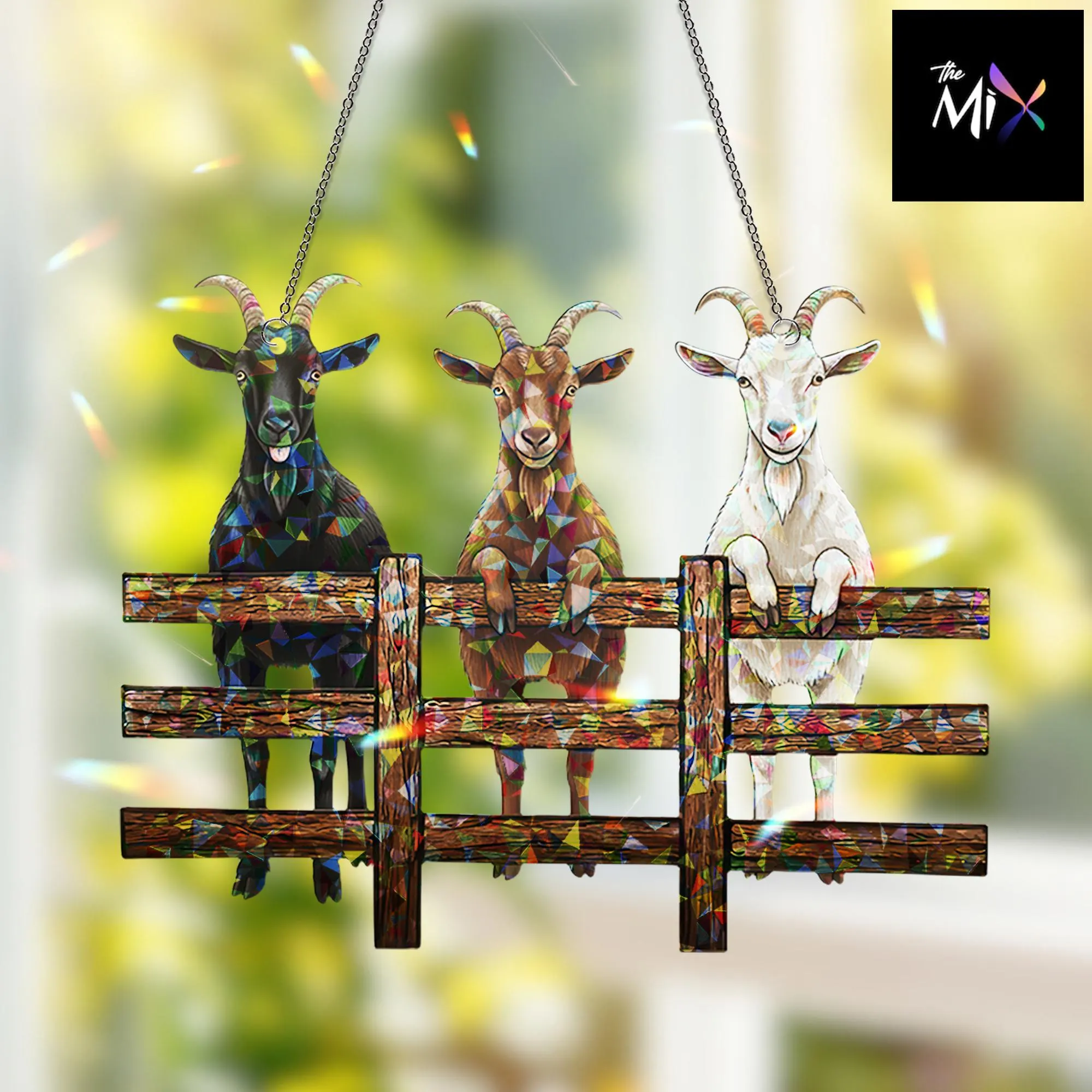 Three Goats Hologram Window Decor, Farm Animal Suncatcher, Rustic Fence, Country Home Decor Gift