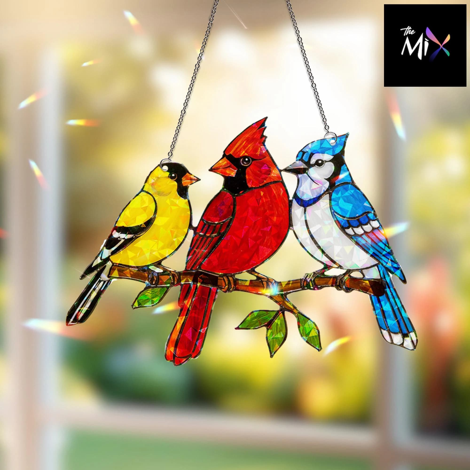 Cardinal Blue Jay Goldfinch Hologram, Rustic Bird Window Hanging, Unique Home Decor, Gift For Her