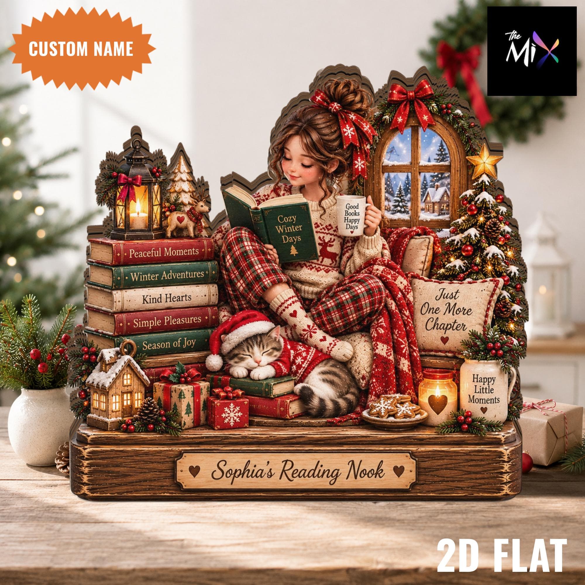 Personalized Christmas Wooden Block, Cozy Reading Nook Decor, Custom Book Lover Gift, Christmas Home Decor, Winter Reading Gift