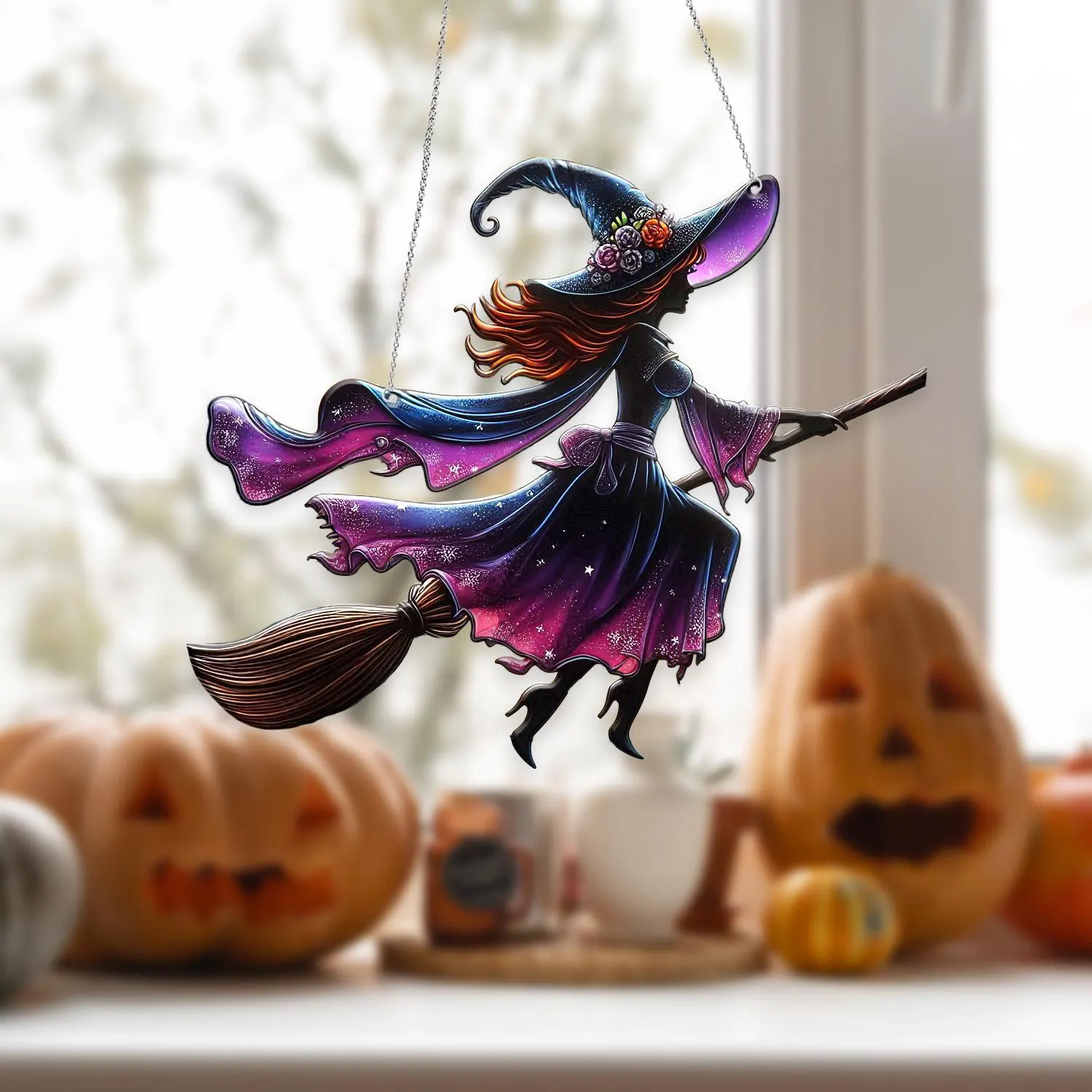 Witch on Broom Acrylic Window Hanging, Witch Halloween Decorations, Witchy Window Hanging, Halloween Gifts for Her