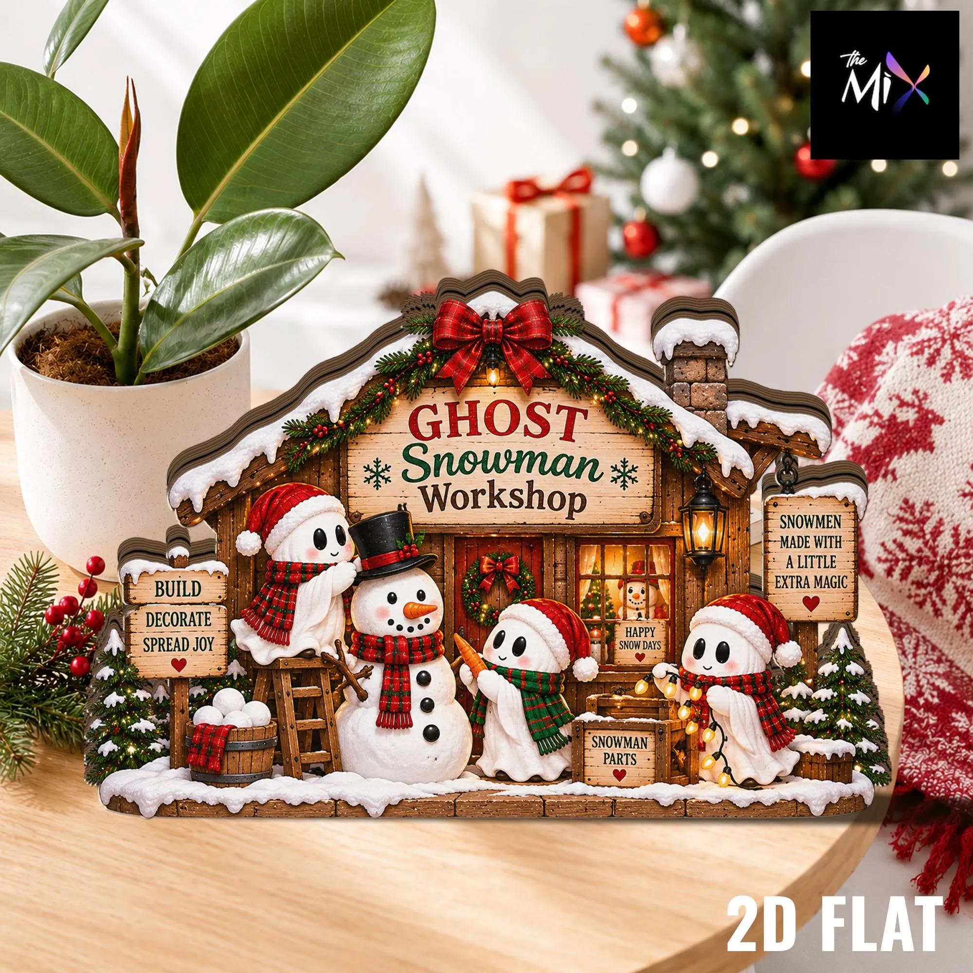 Ghost Snowman Workshop Christmas Wooden Block, Christmas Snowman Sign, Holiday Winter Shelf Decor, Cozy Christmas Home Decor