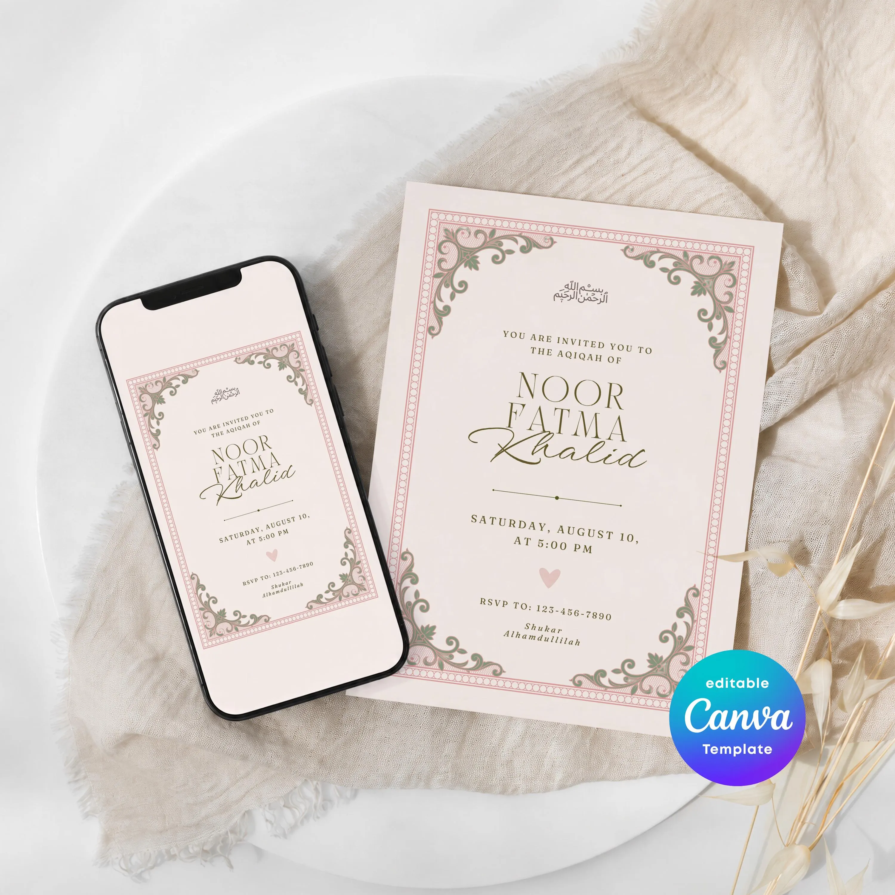 Aqiqah Invitation Card Vintage | Ornate Islamic Baby Invite | Editable Canva Template | Digital Download - image 5