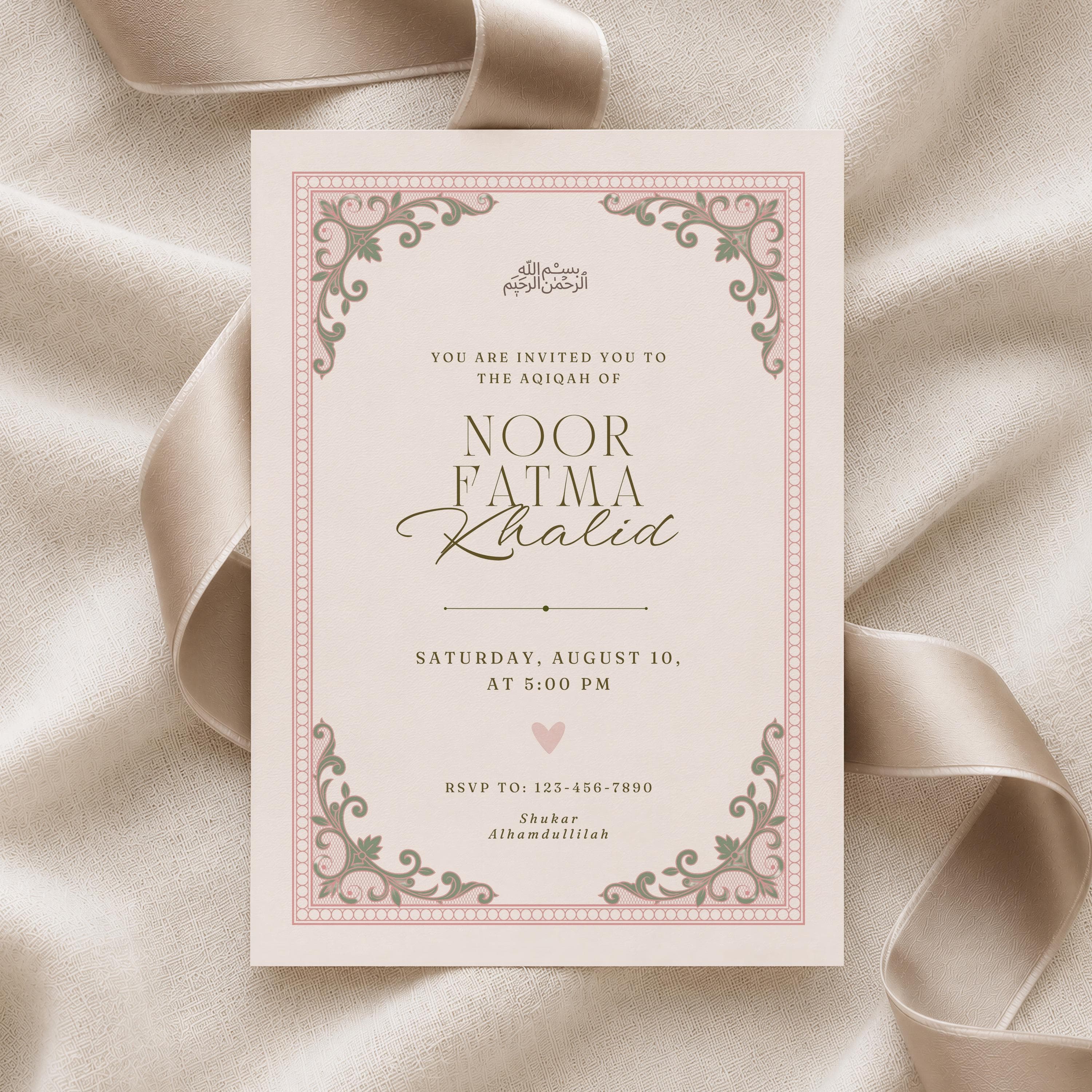 Aqiqah Invitation Card Vintage | Ornate Islamic Baby Invite | Editable Canva Template | Digital Download - image 4