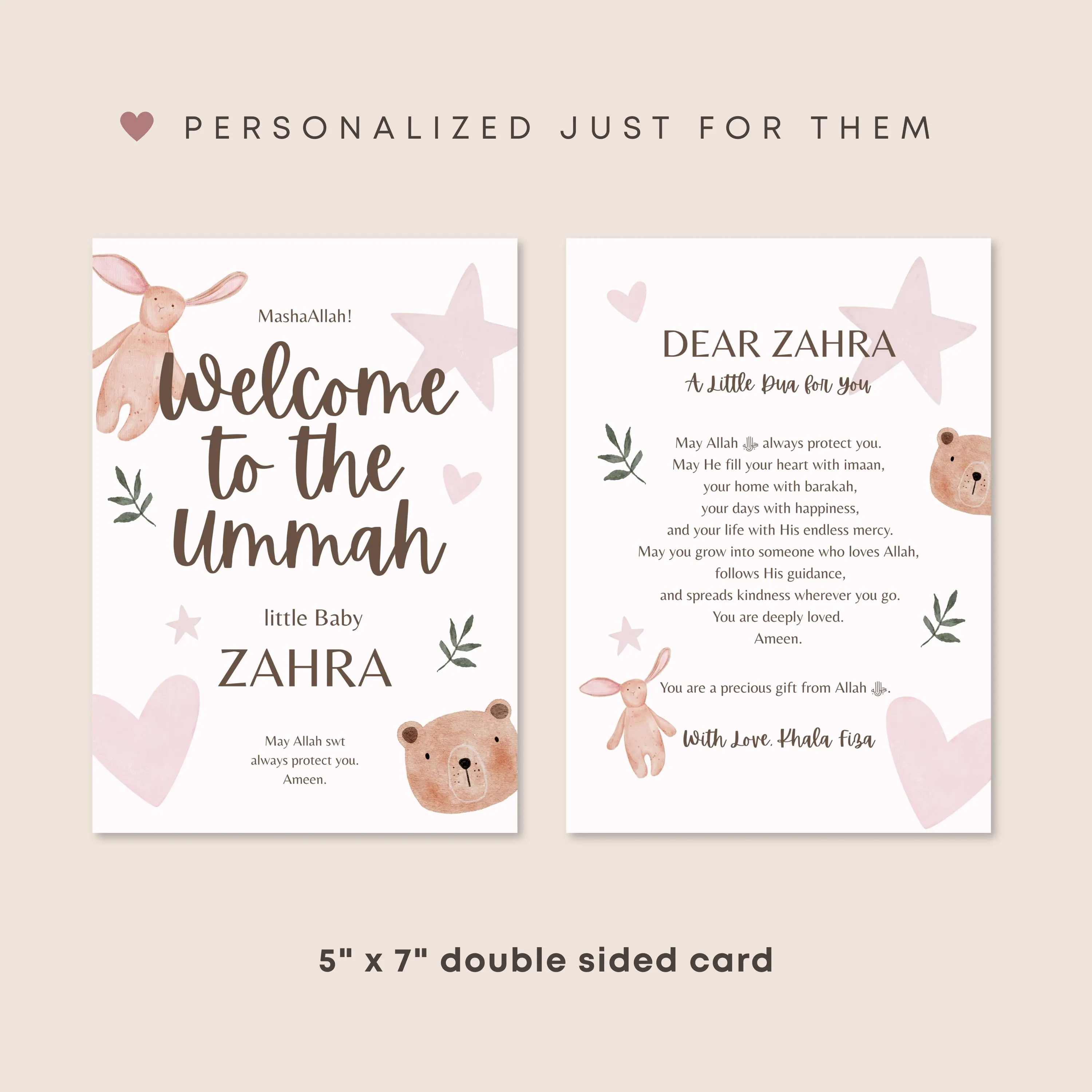 Personalized Islamic Baby Card Template | Editable Canva Download | Aqiqah Announcement Printable | Islamic Newborn Congratulations Card - image 3
