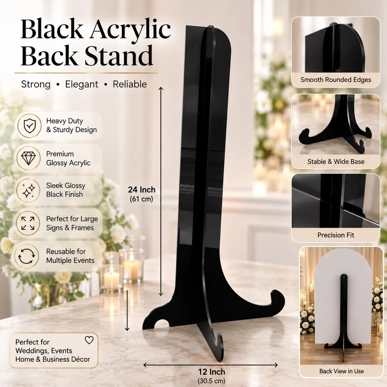 Black acrylic back stand for wedding signs and display boards, featuring a sturdy interlocking design with curved support legs