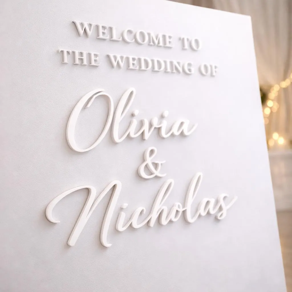 Premium handcrafted acrylic wedding sign with laser-cut raised 3D white letters and elegant candlelit styling