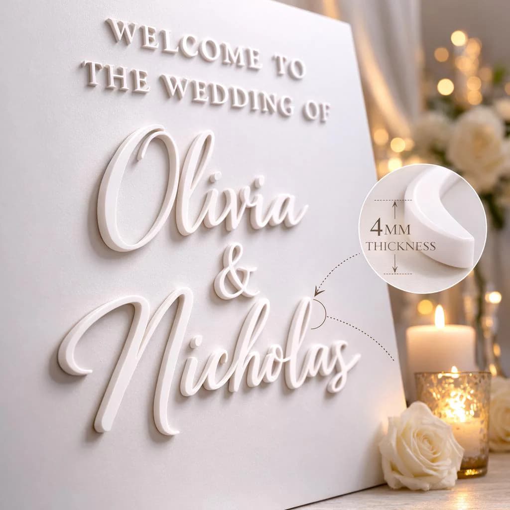 Luxury detail shot showing 4mm raised acrylic lettering with visible layering on a wedding sign