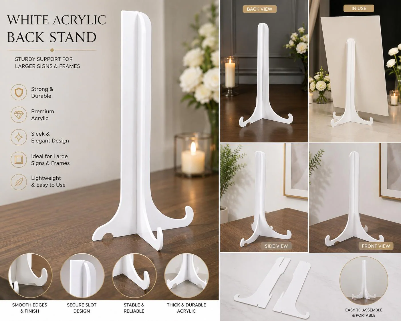White acrylic back stand for wedding signs shown from multiple angles with front, side and back views, curved support feet and durable interlocking design