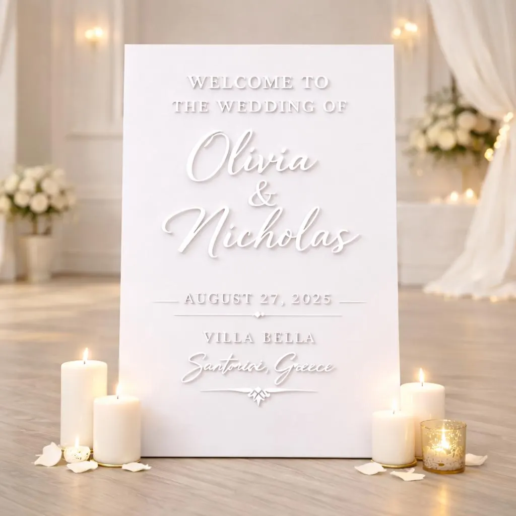 Minimal modern white wedding sign with raised 3D lettering and a clean candlelit setup