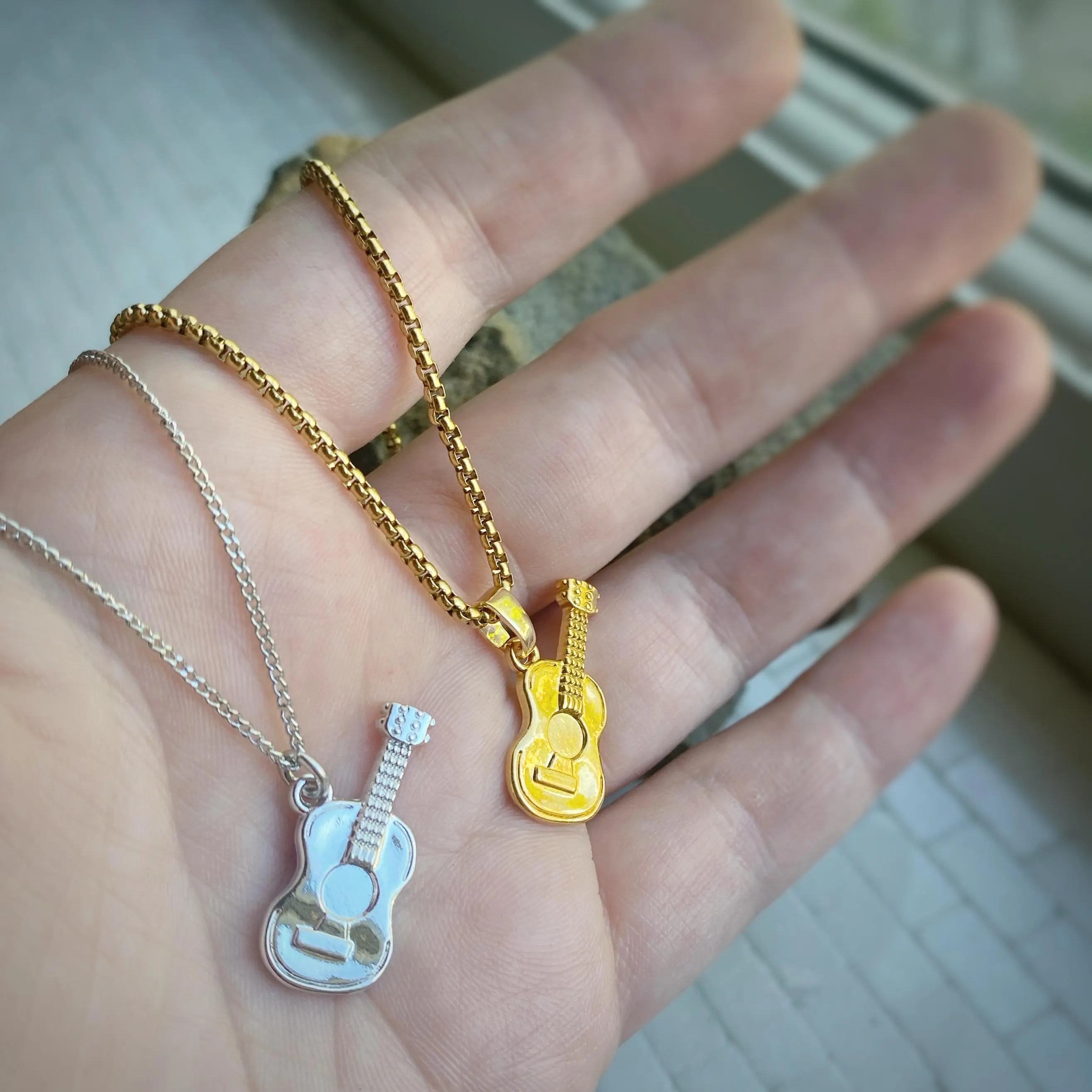 Acoustic Guitar Charm or Pendant Necklace avail in gold or rhodium plated, chain options, comes in velvet gift bag.