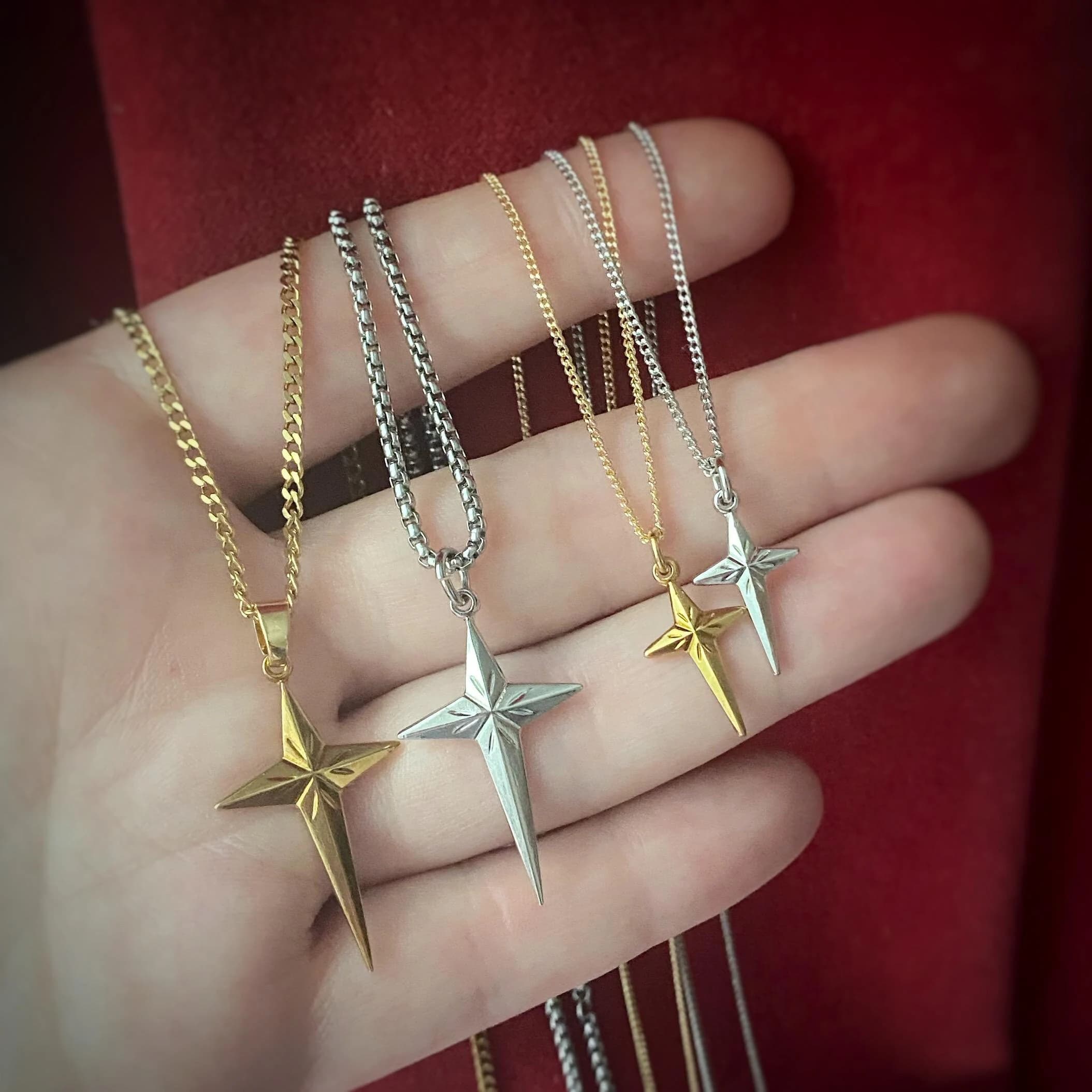North Star Cross Necklace in Gold or Rhodium Plated, with Chain Options or Charm only, Unisex, comes in velvet gift bag. Star Cross