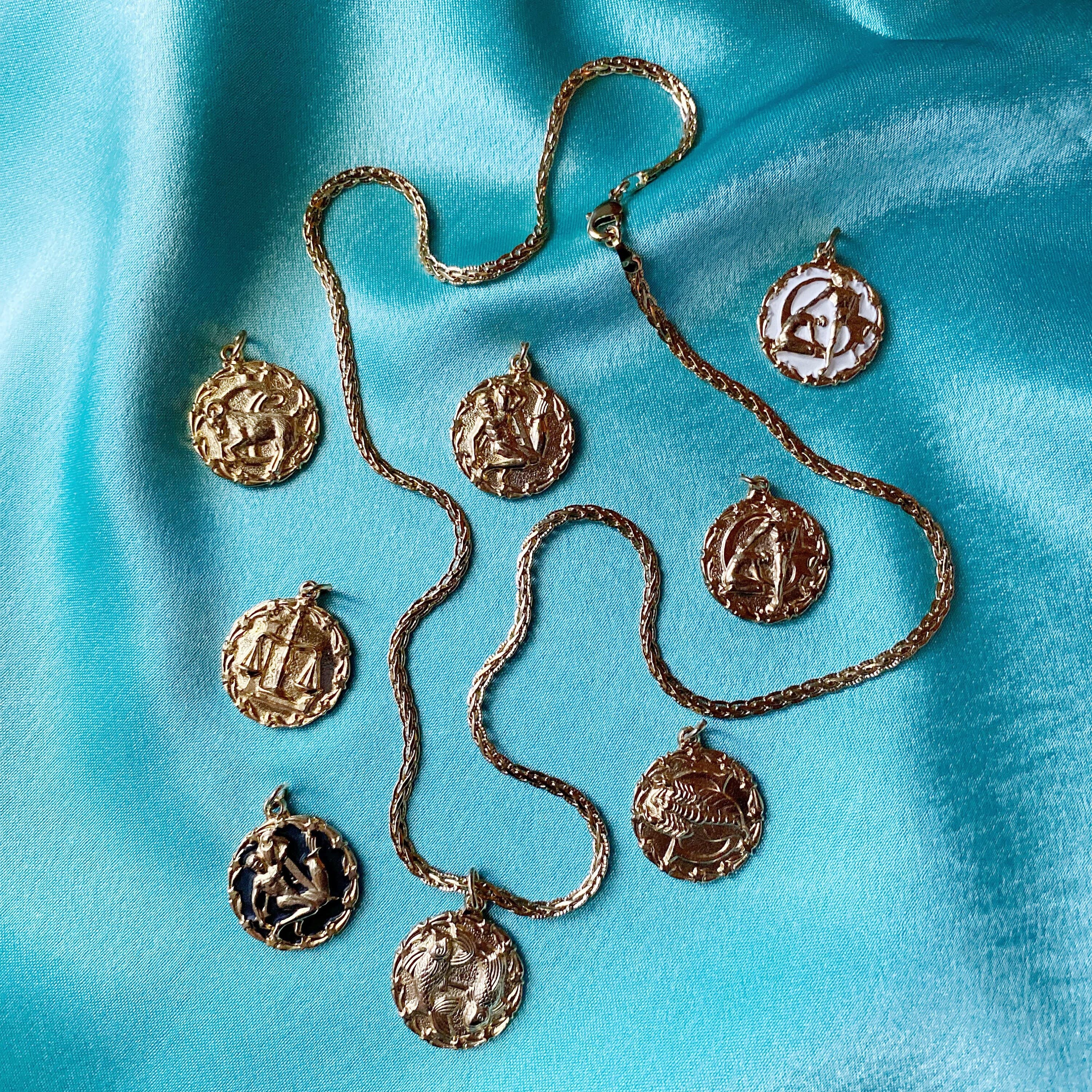Zodiac Astrology Horoscope Sign Medallion Pendant Necklace in 22k gold black and white enamel options 24” chain Celestial Charm - image 3