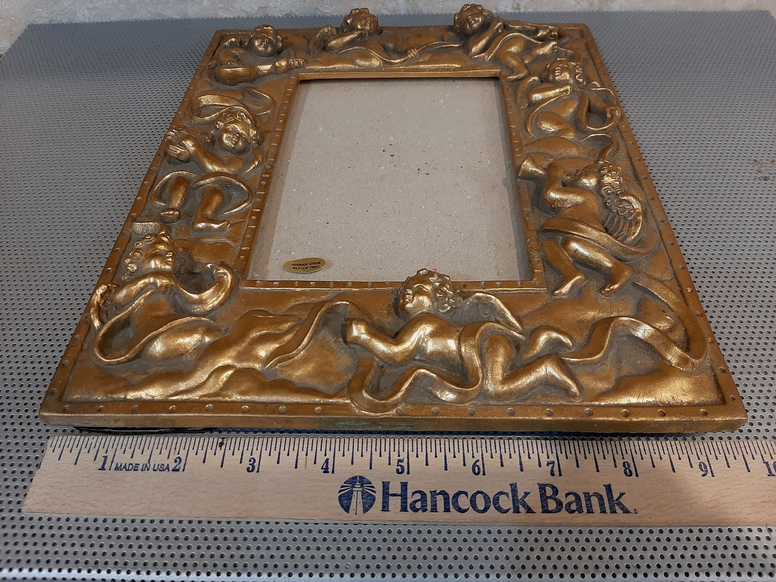 Vintage Heavy Musical Winged Angels Cherubs Harps Handmade Gold Leaf Finish Easel Tabletop Vertical Horizontal Hollywood Regency 5x7 Photo - image 3