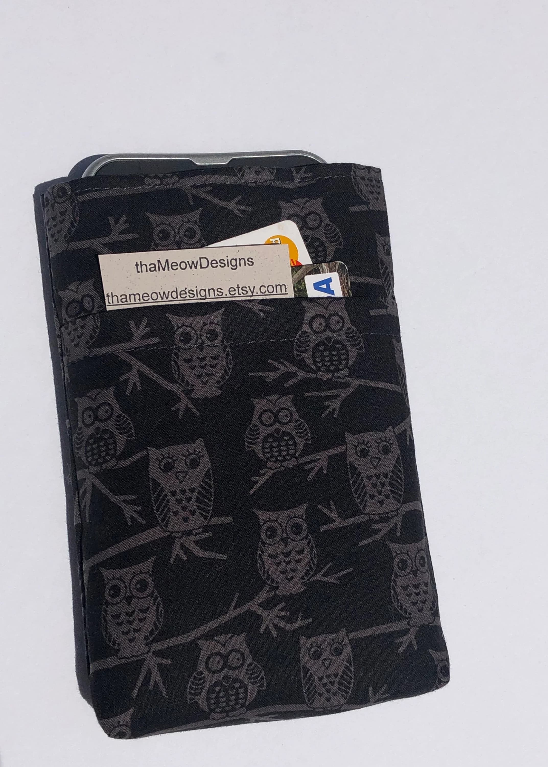 Cell Phone Sleeve Wallet pocket: Handmade Cotton front pocket fits all cellphones- gray owls