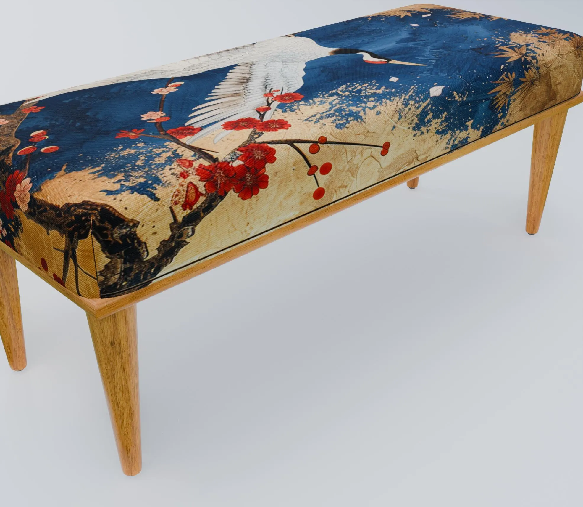 Bird pattern bench, Navy blue bench, Premium bench, Bohemian seating, Primitive furniture, Chic tea table, Housewarming bench, RB bench 1175