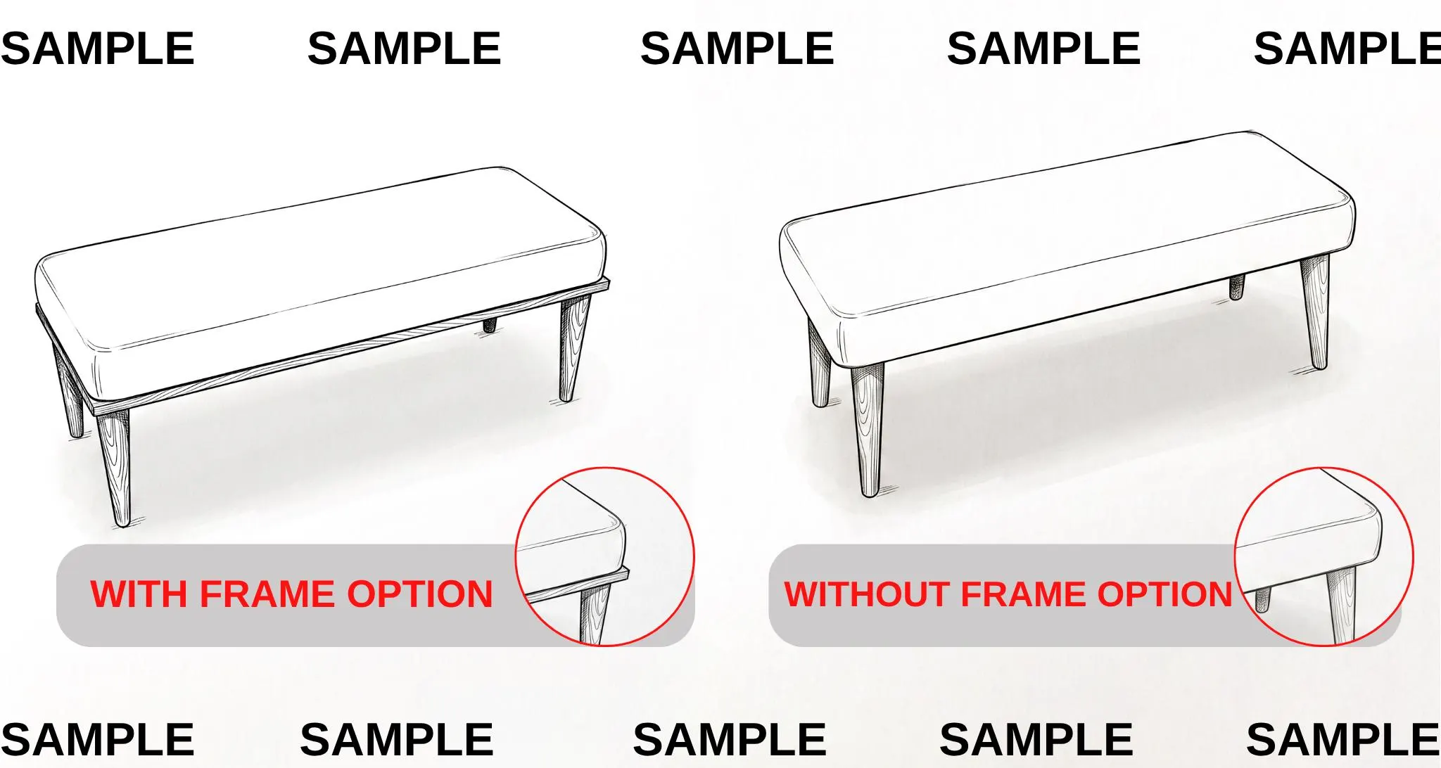 two identical line drawings of a bench, one with a frame and one without a frame. The bench with a frame is labeled with the "With Frame Option" text, while the bench without a frame is labeled with the "Without Frame Option" text.