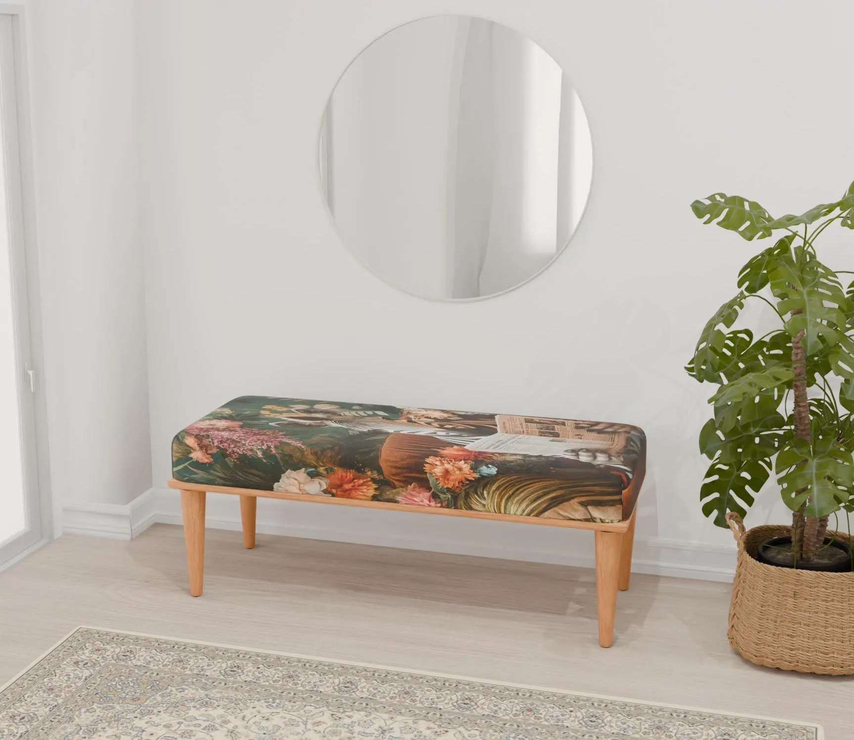 Zebra design bench, Botanical bench, Ottoman shower stand, Accent piece, Lounge bench, Bench with cushion, Cool mid table, RB bench 1170