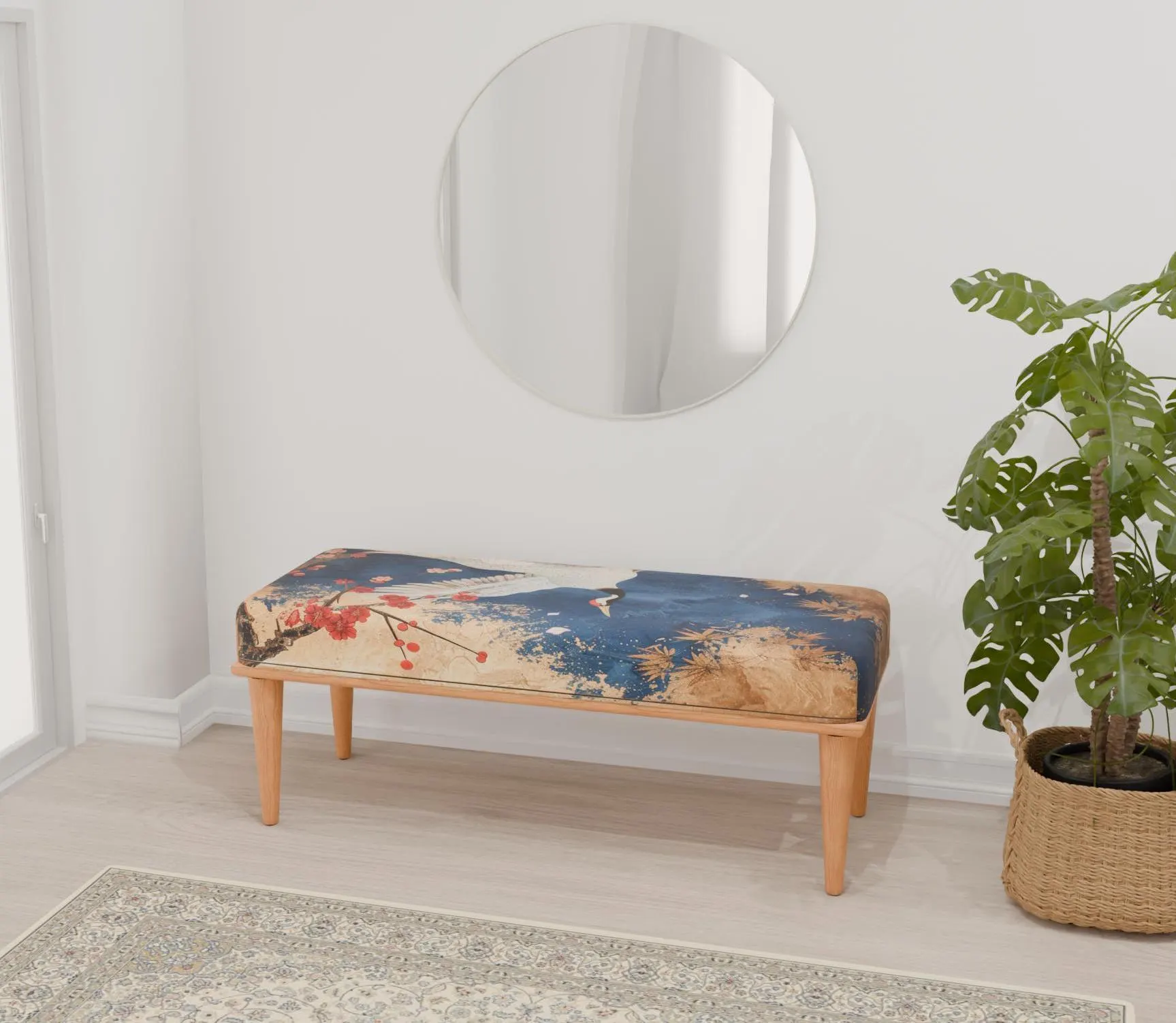 Bird pattern bench, Navy blue bench, Premium bench, Bohemian seating, Primitive furniture, Chic tea table, Housewarming bench, RB bench 1175