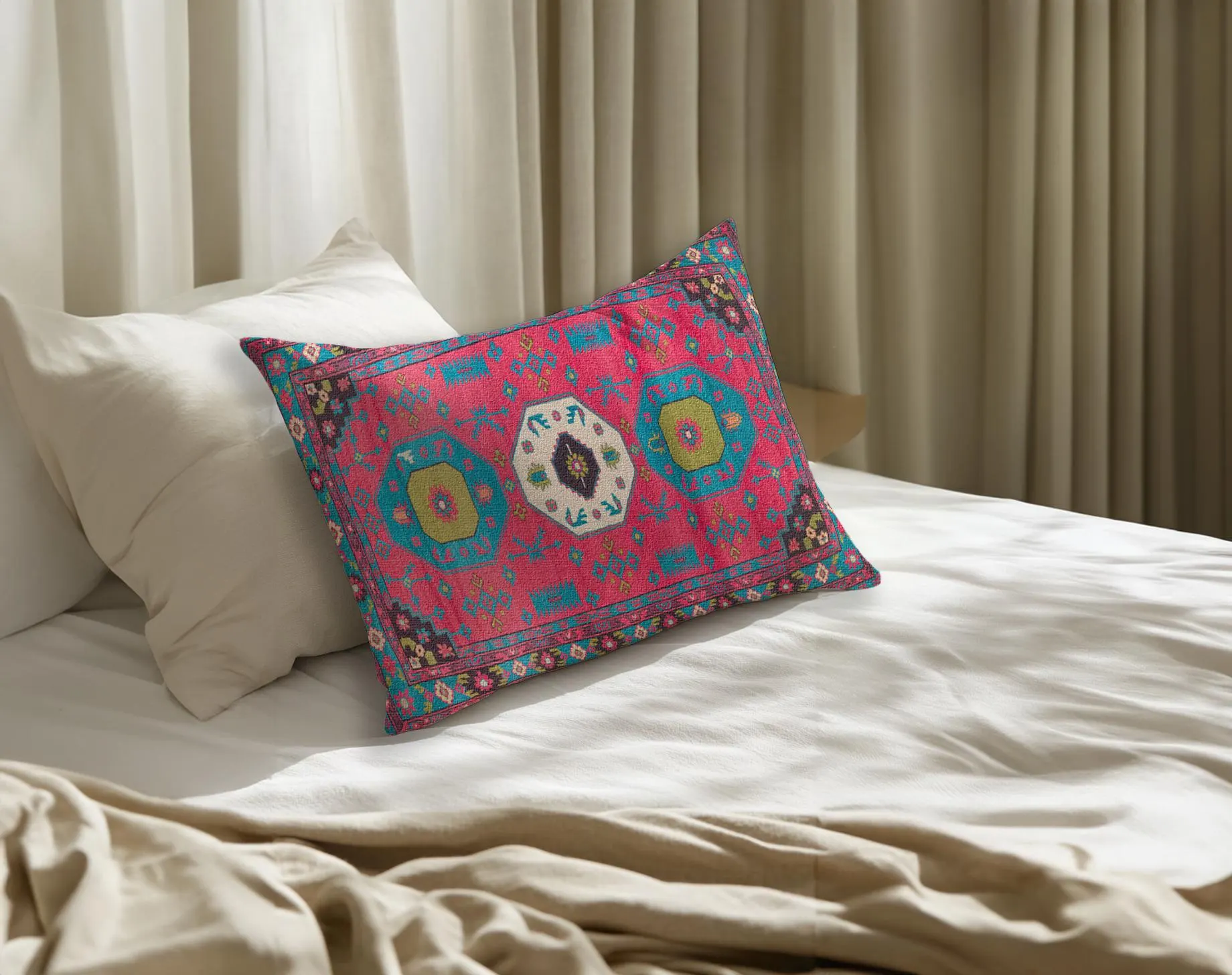 a bed with a colorful, patterned pillow resting on it.