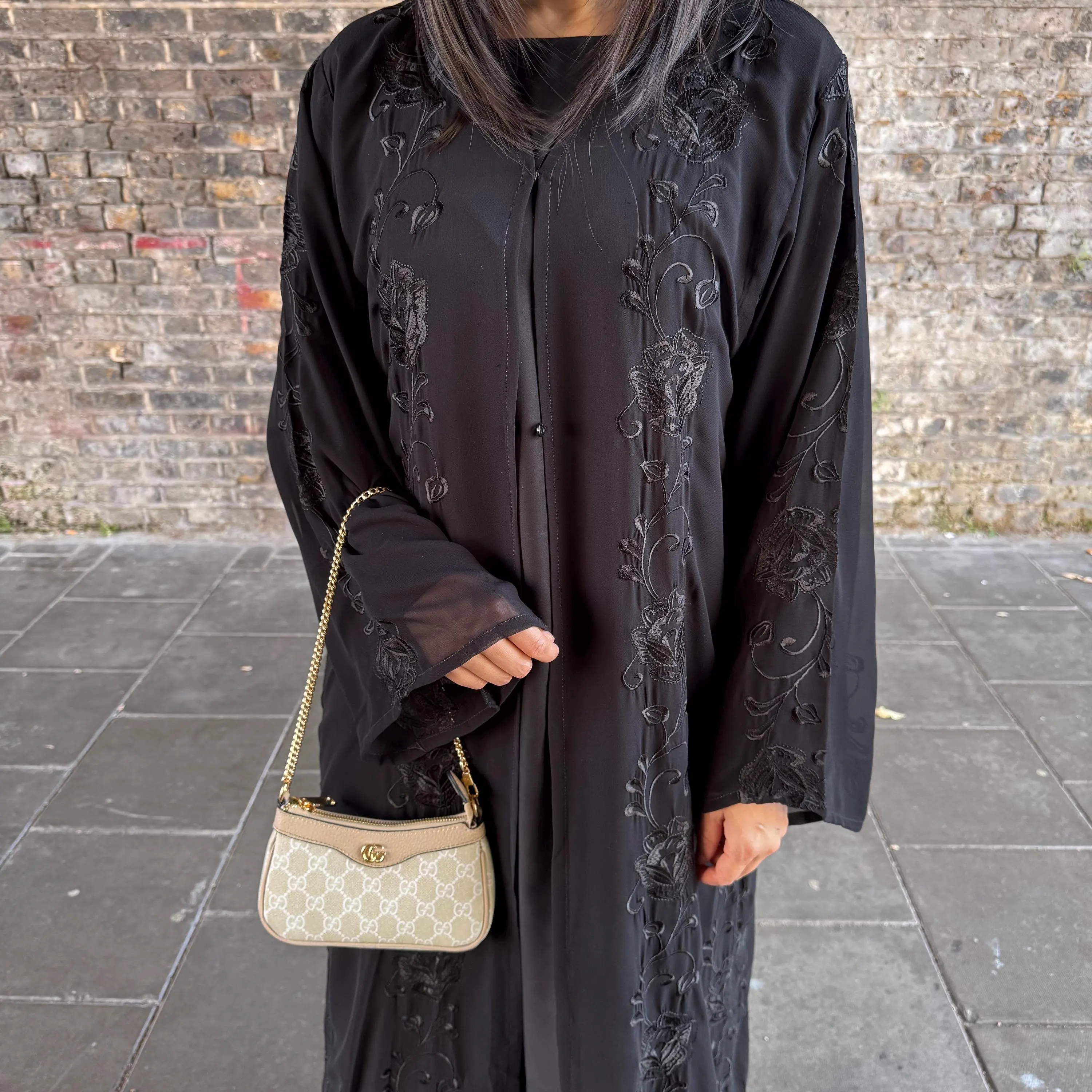 Black Embroidered Chiffon Abaya: 3-Piece Islamic Dress with Hijab - image 4