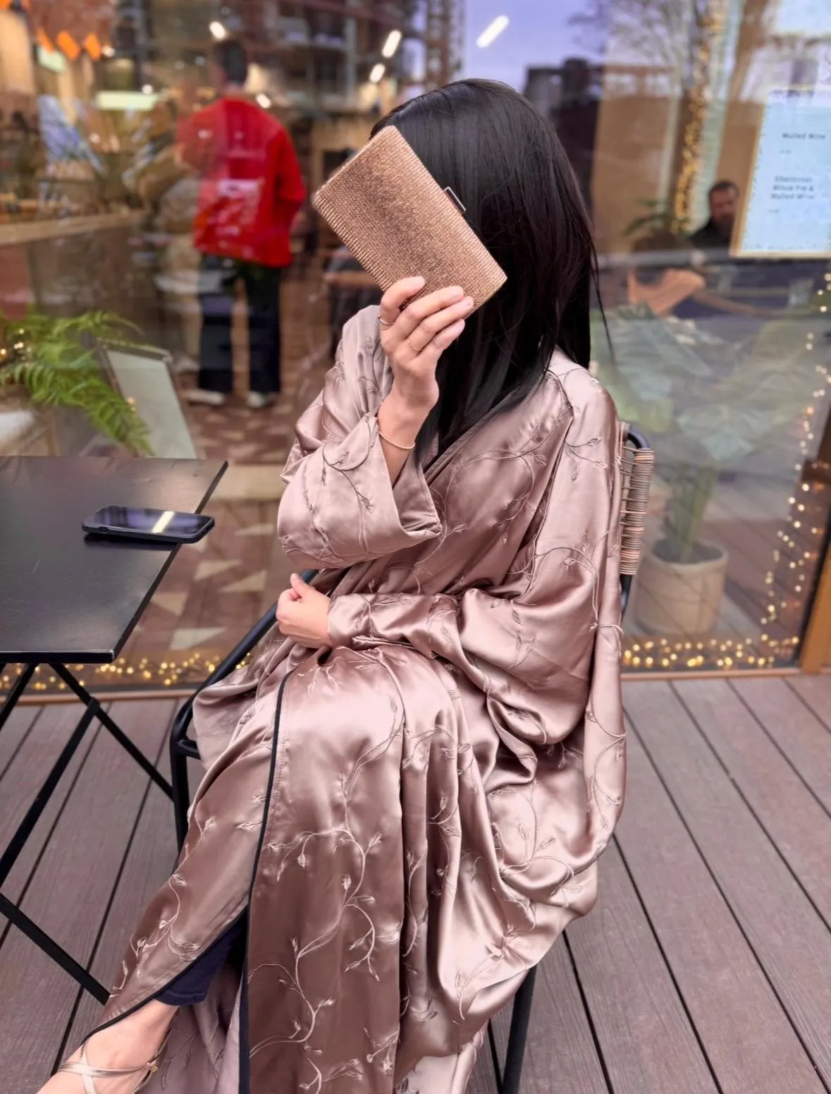 Luxury Satin Abaya Set: Embroidered Open Batwing Abaya, Inner Dress & Scarf - image 5