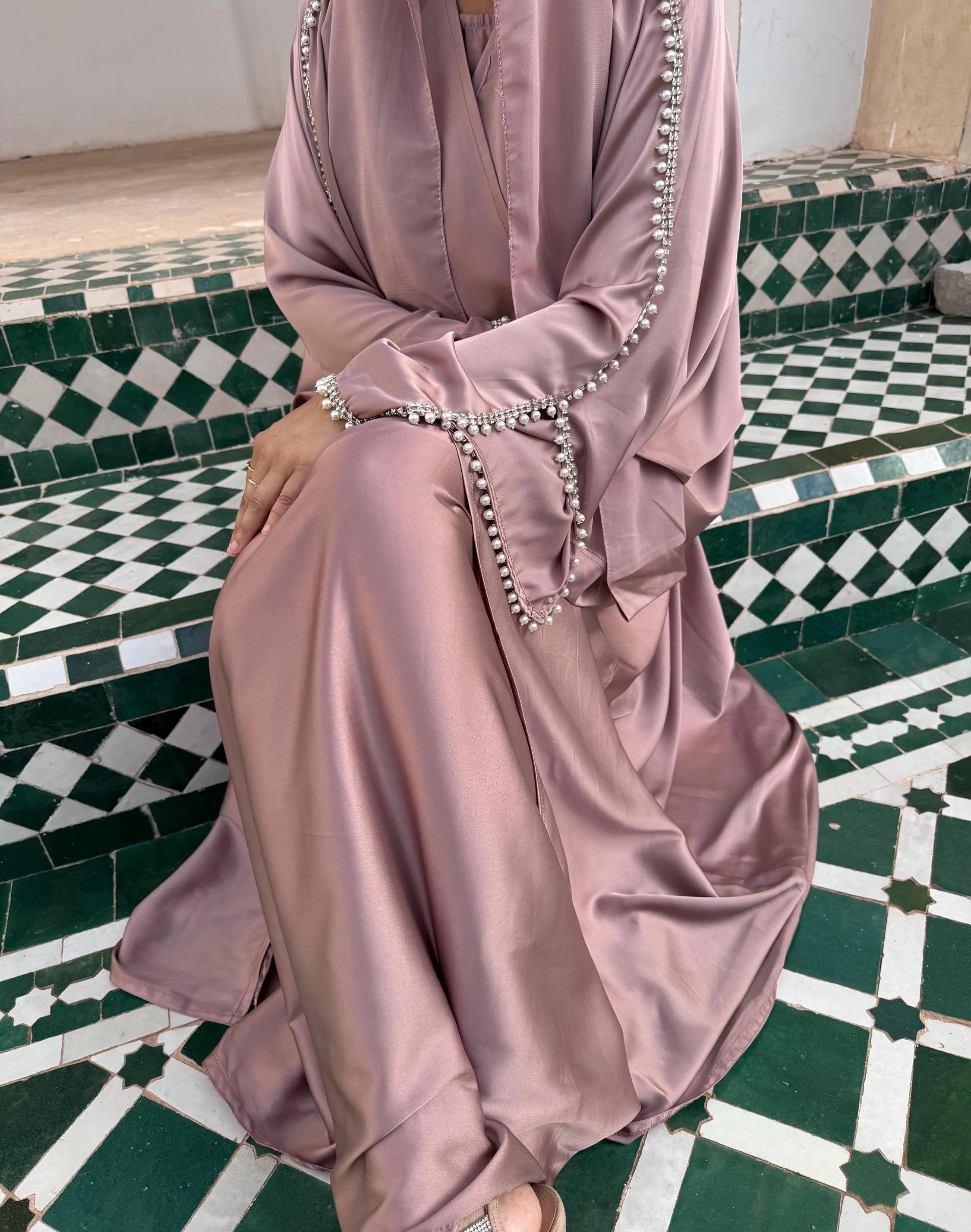 3 Piece Pearl Diamante Batwing Abaya: Silk Satin Islamic Dress - image 5