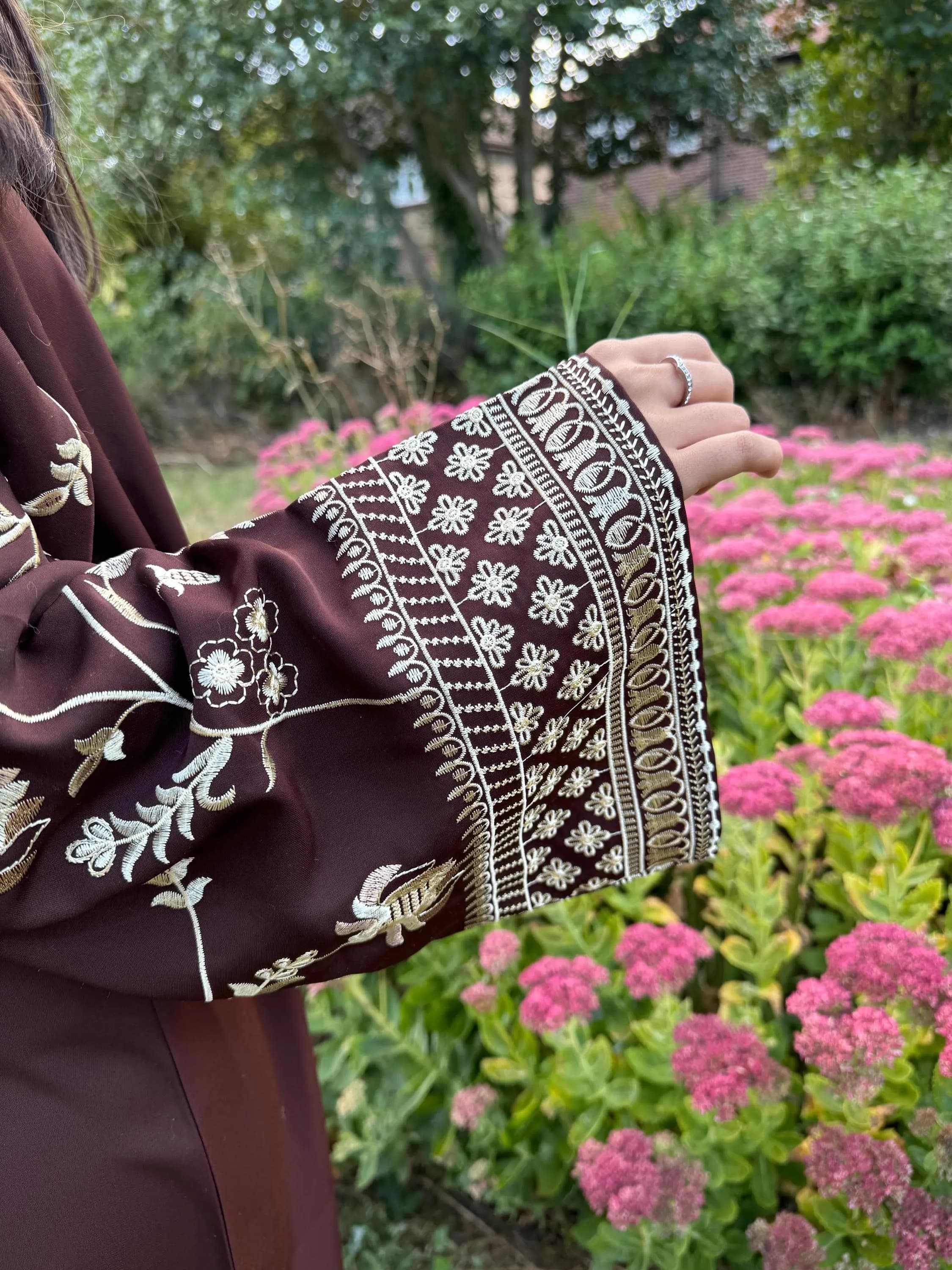 Embroidered Nidha Abaya: Brown Maxi Long Dress with Scarf - image 4