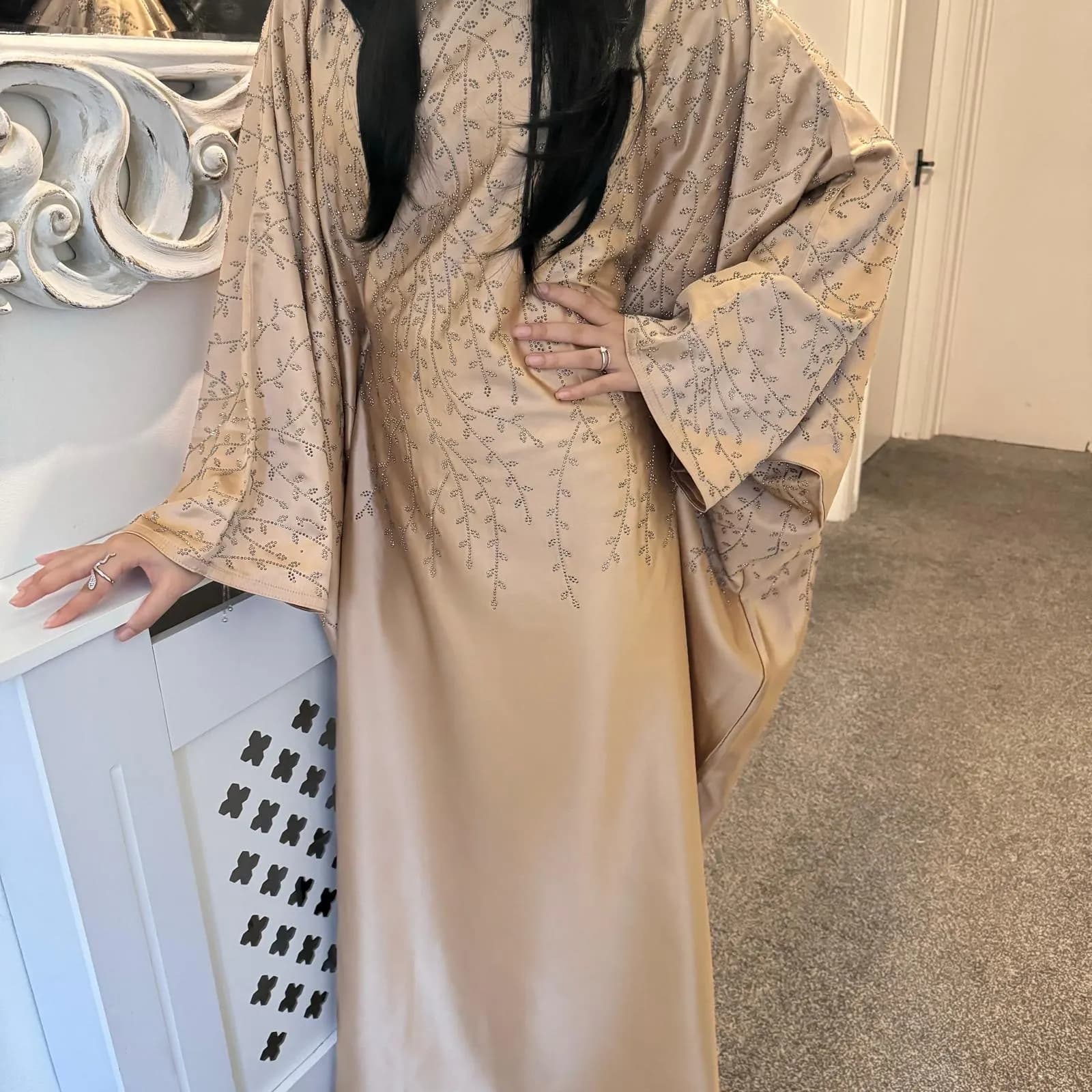Elegant Embellished Satin Abaya: Islamic Evening Dress with Hijab - image 3