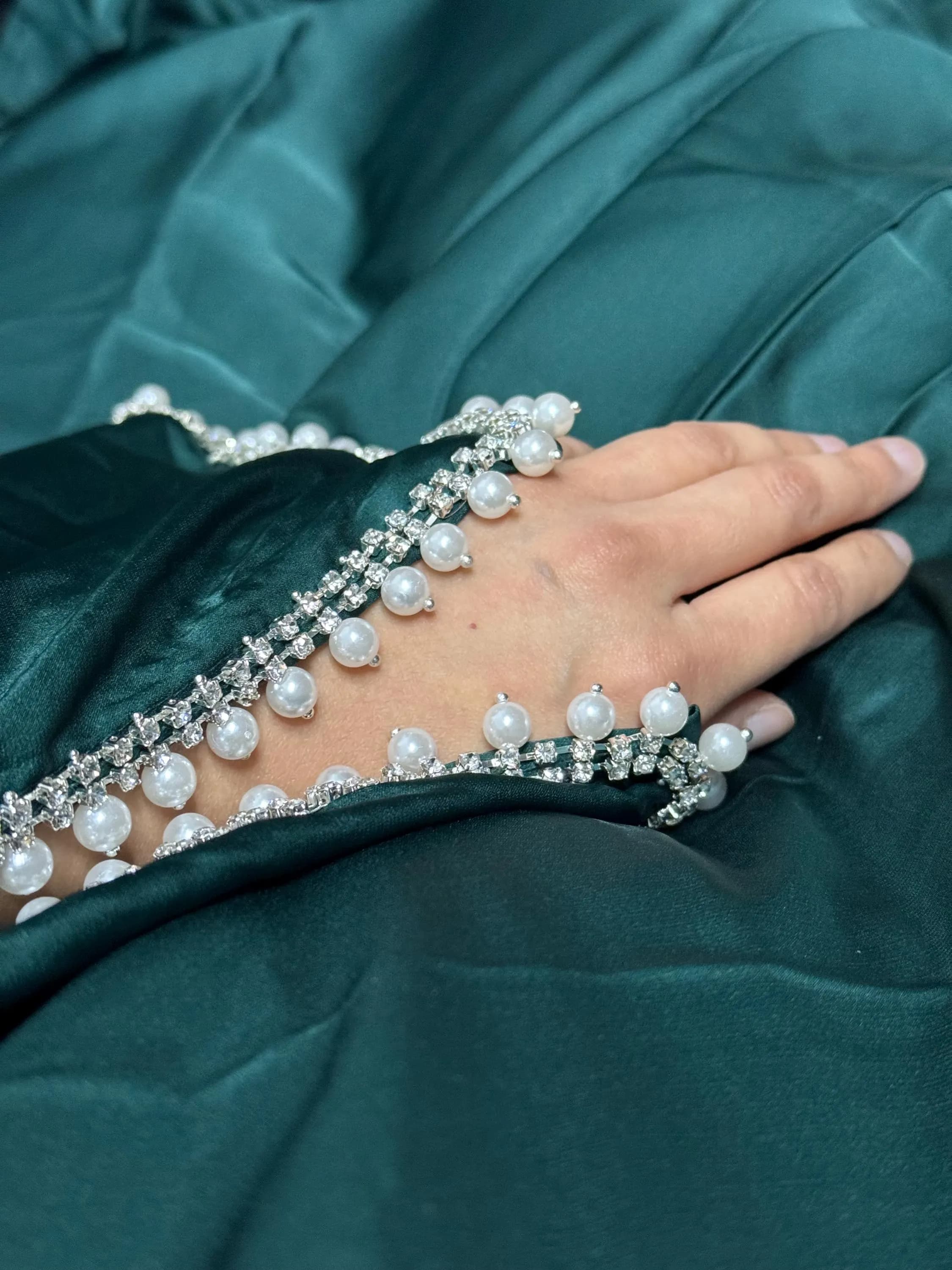 3 Piece Pearl Diamante Batwing Abaya: Silk Satin Islamic Dress - image 2