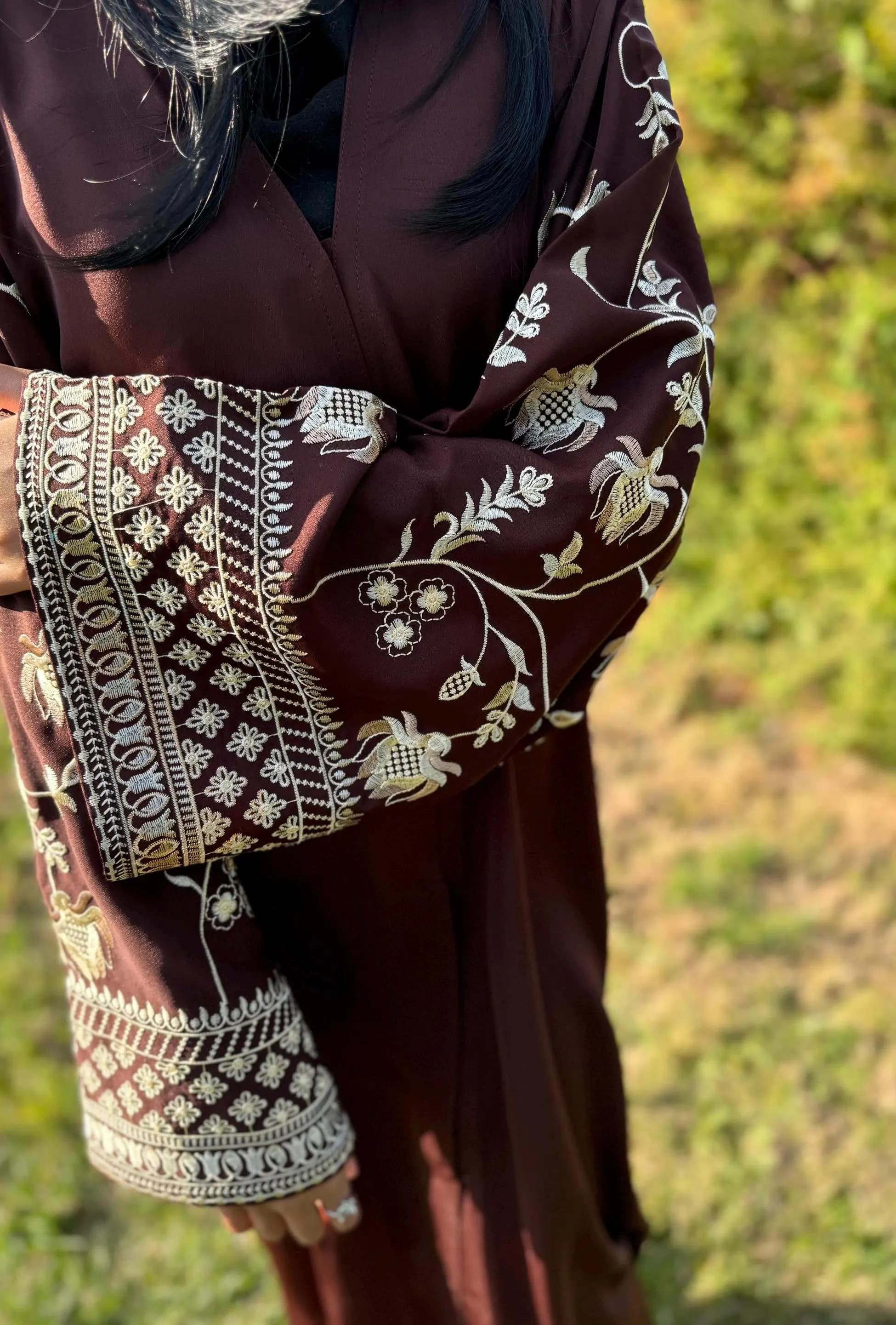 Embroidered Nidha Abaya: Brown Maxi Long Dress with Scarf - image 3