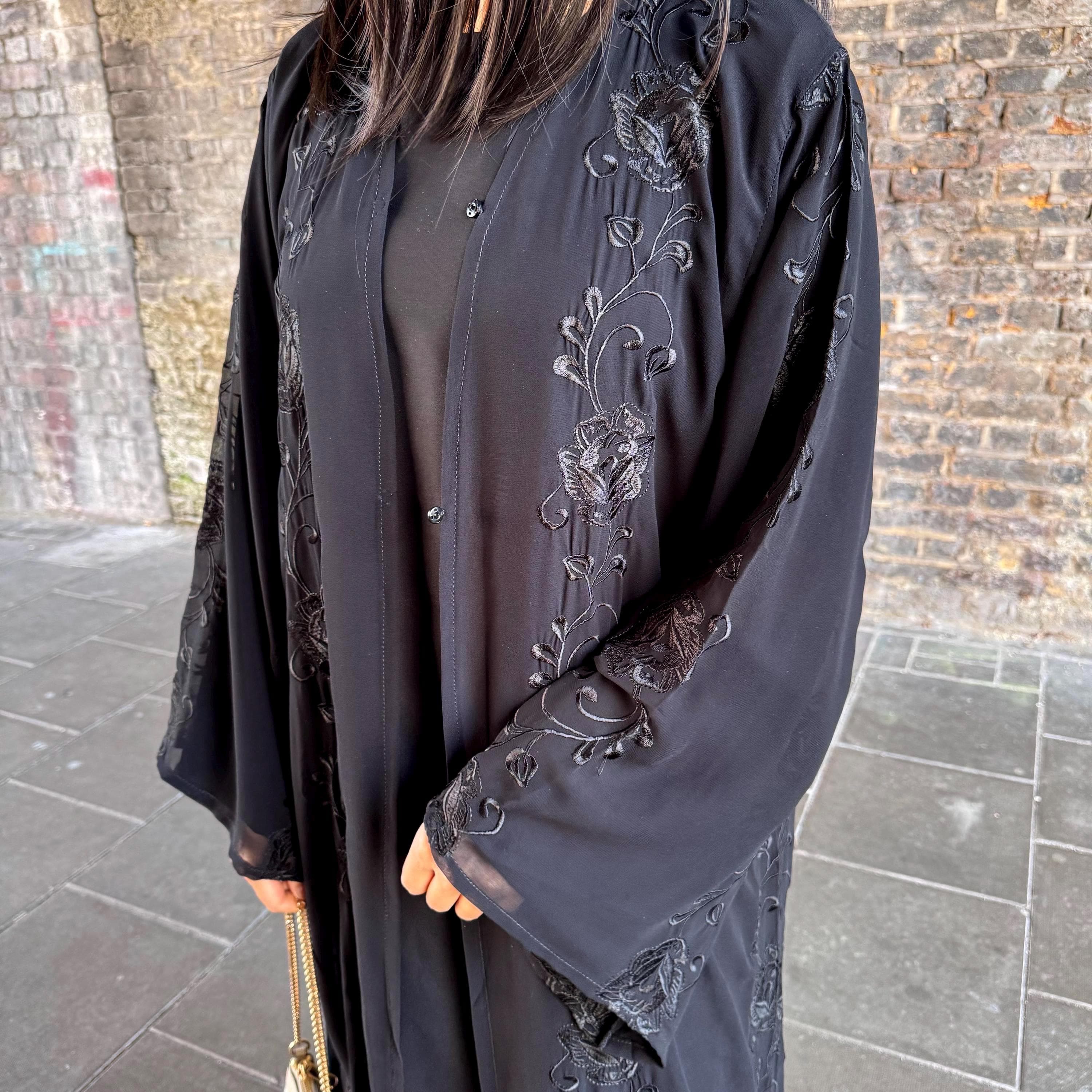 Black Embroidered Chiffon Abaya: 3-Piece Islamic Dress with Hijab - image 2