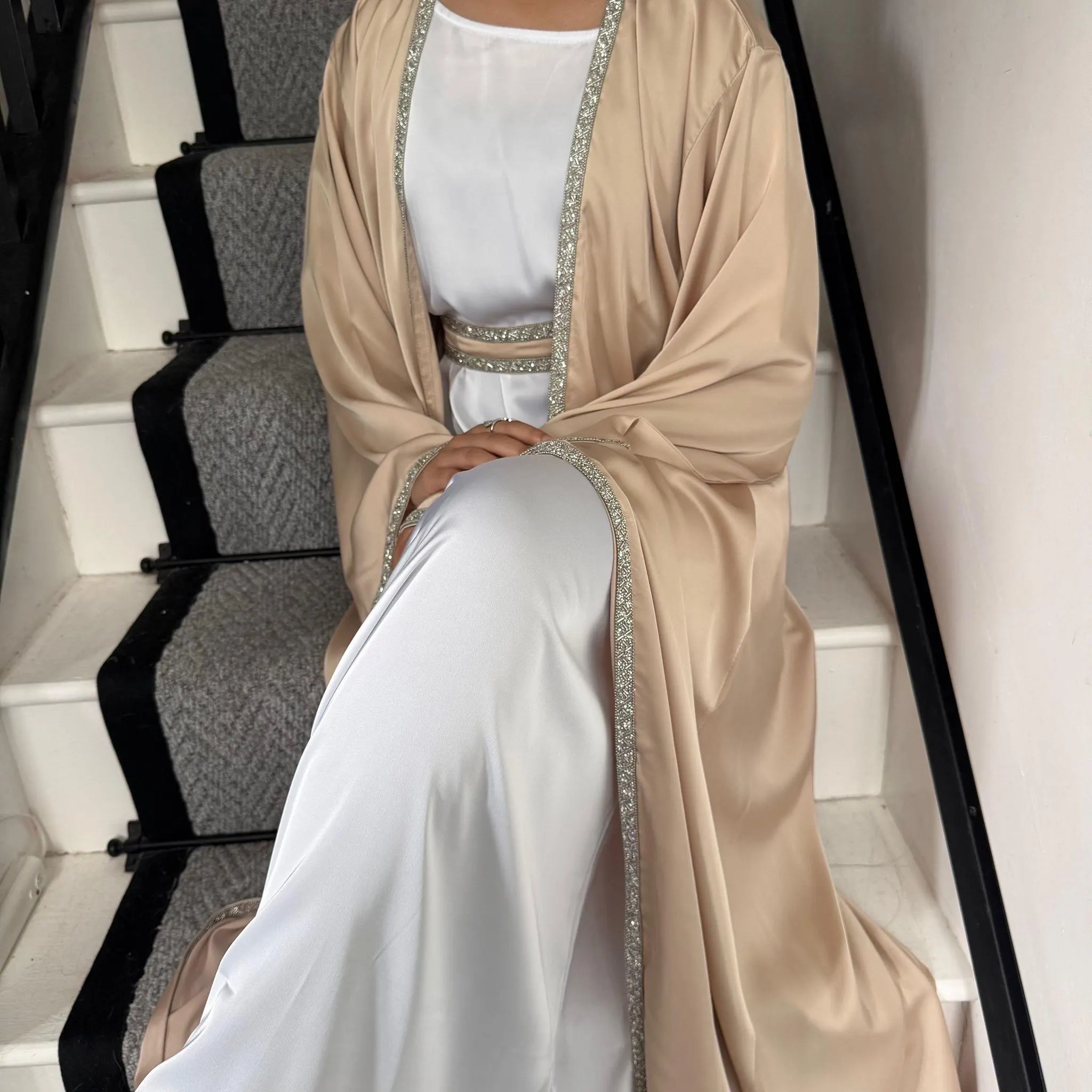 Luxury Embellished Satin Abaya Set: Eid Dress, Hijab and Belt - image 3