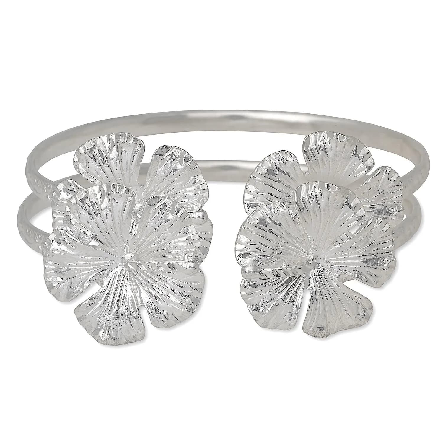 Large Hibiscus Flower .925 Sterling Silver Flat Bangles, Bangle Set, 1 pair