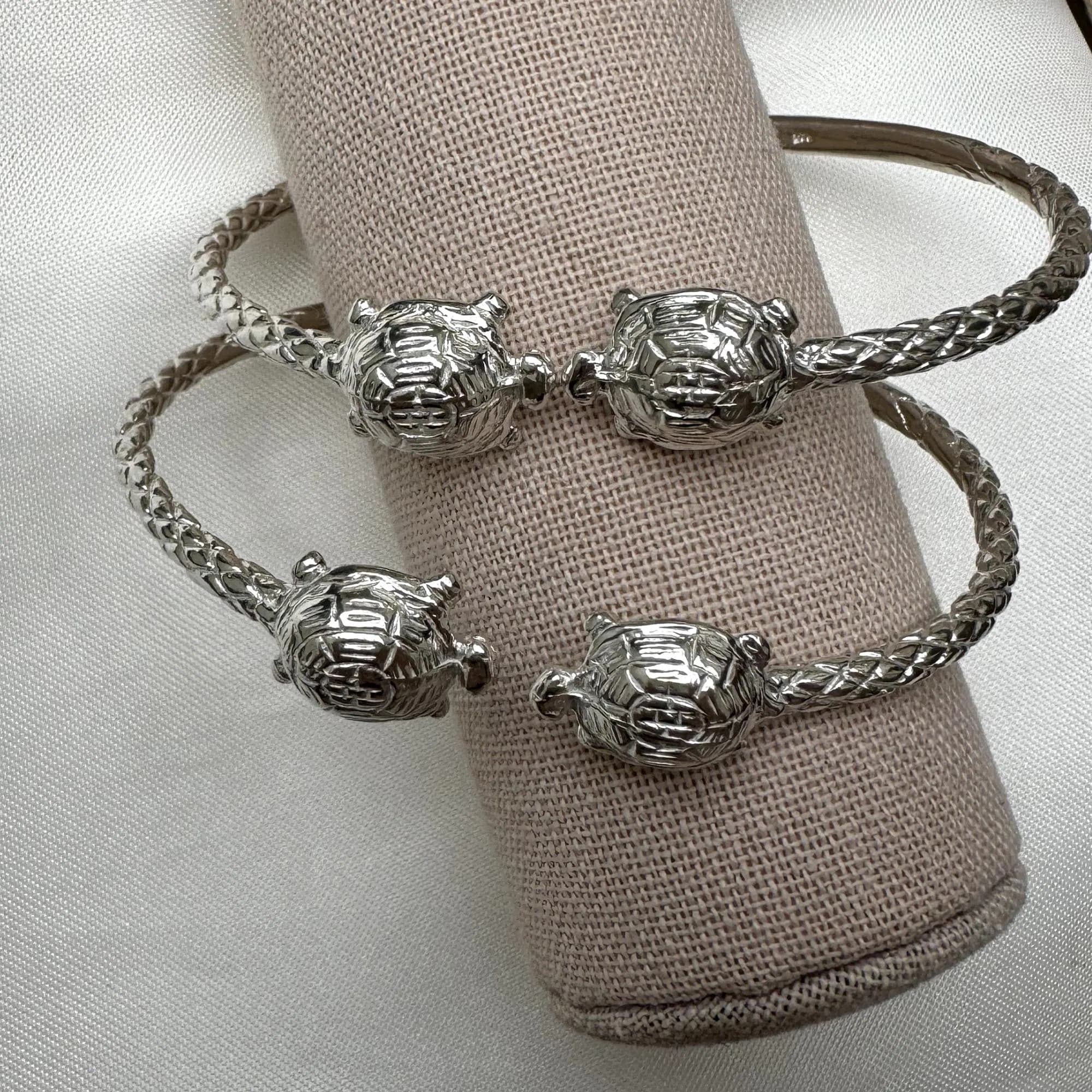 Turtle Ends .925 Sterling Silver West Indian Bangles, Bangle Set, 1 pair