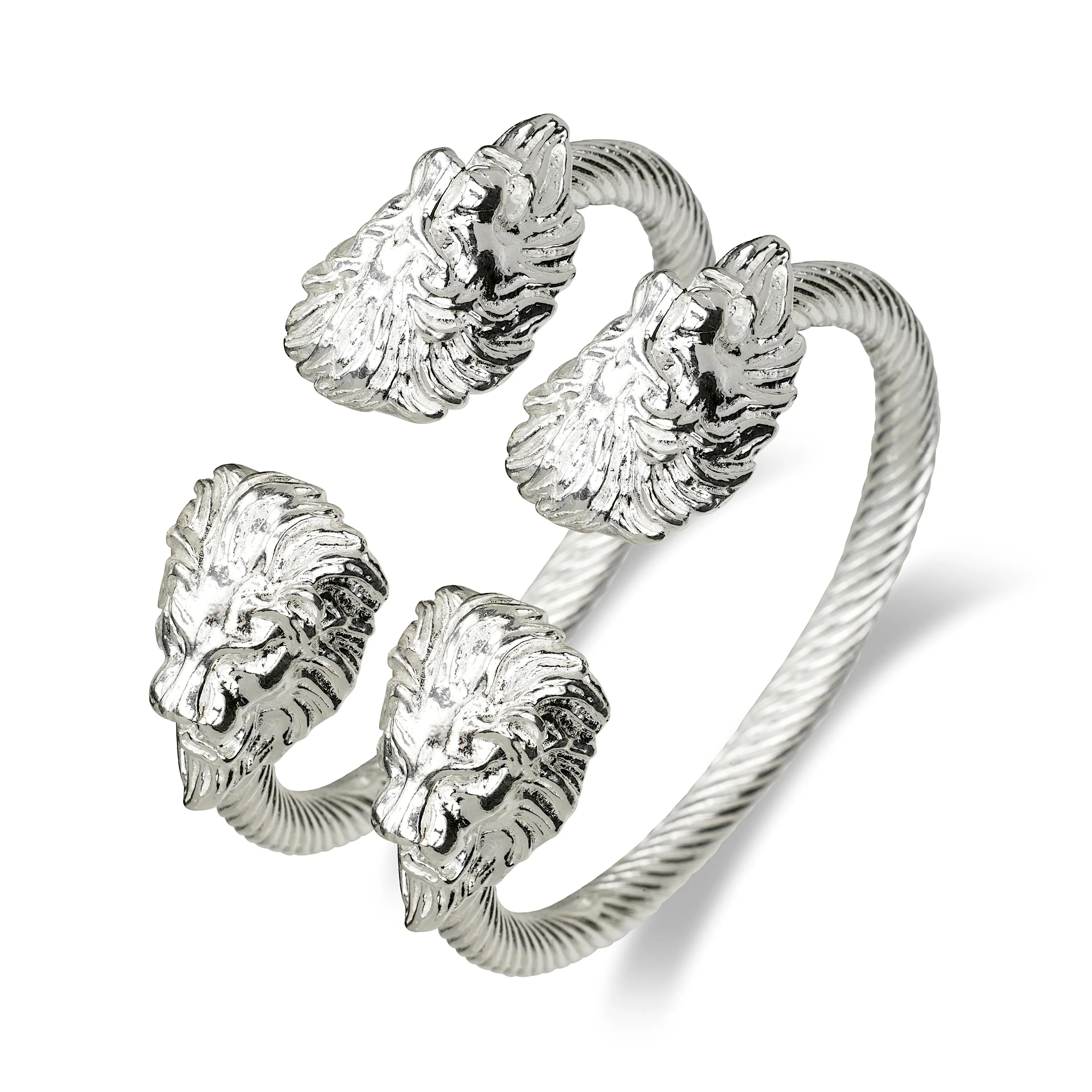 Lion Head Sterling Silver Bangles, Twisted Rope, Handmade in Brooklyn