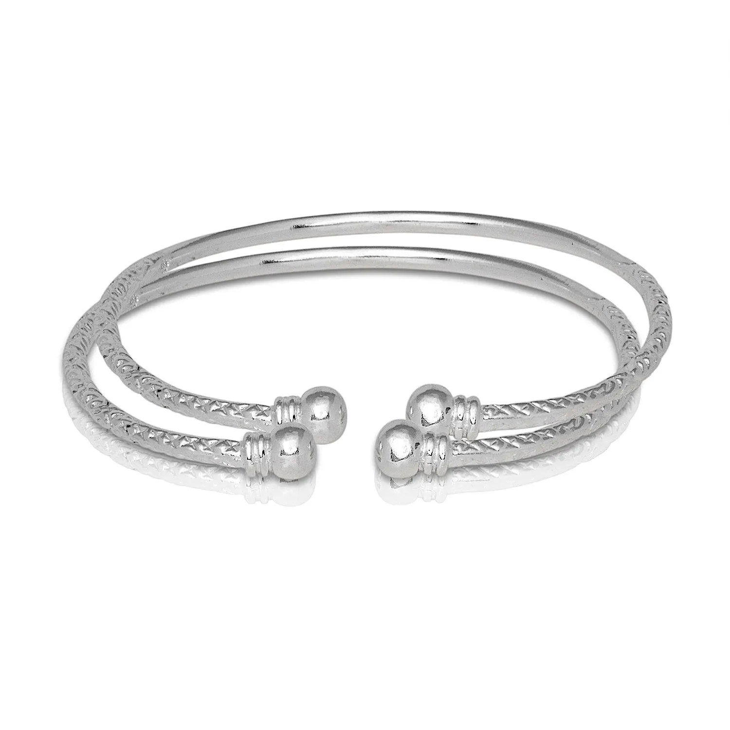 Sterling Silver West Indian Bangle Set, Handmade Double Halo Ends, 1 pair