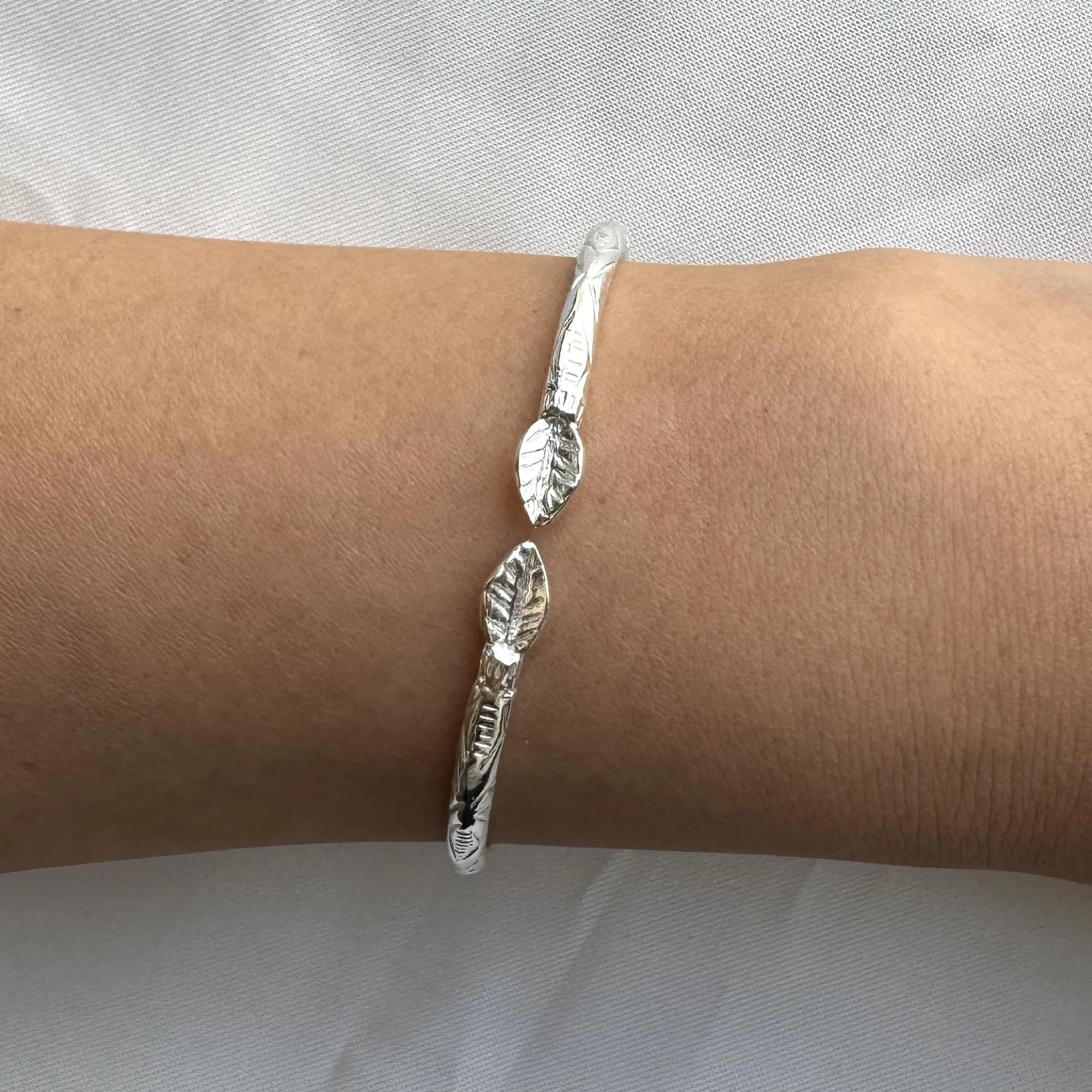 Sterling Silver Leaf Bracelet, Adjustable Cuff Bangle, Nature Inspired Jewelry, 1 piece